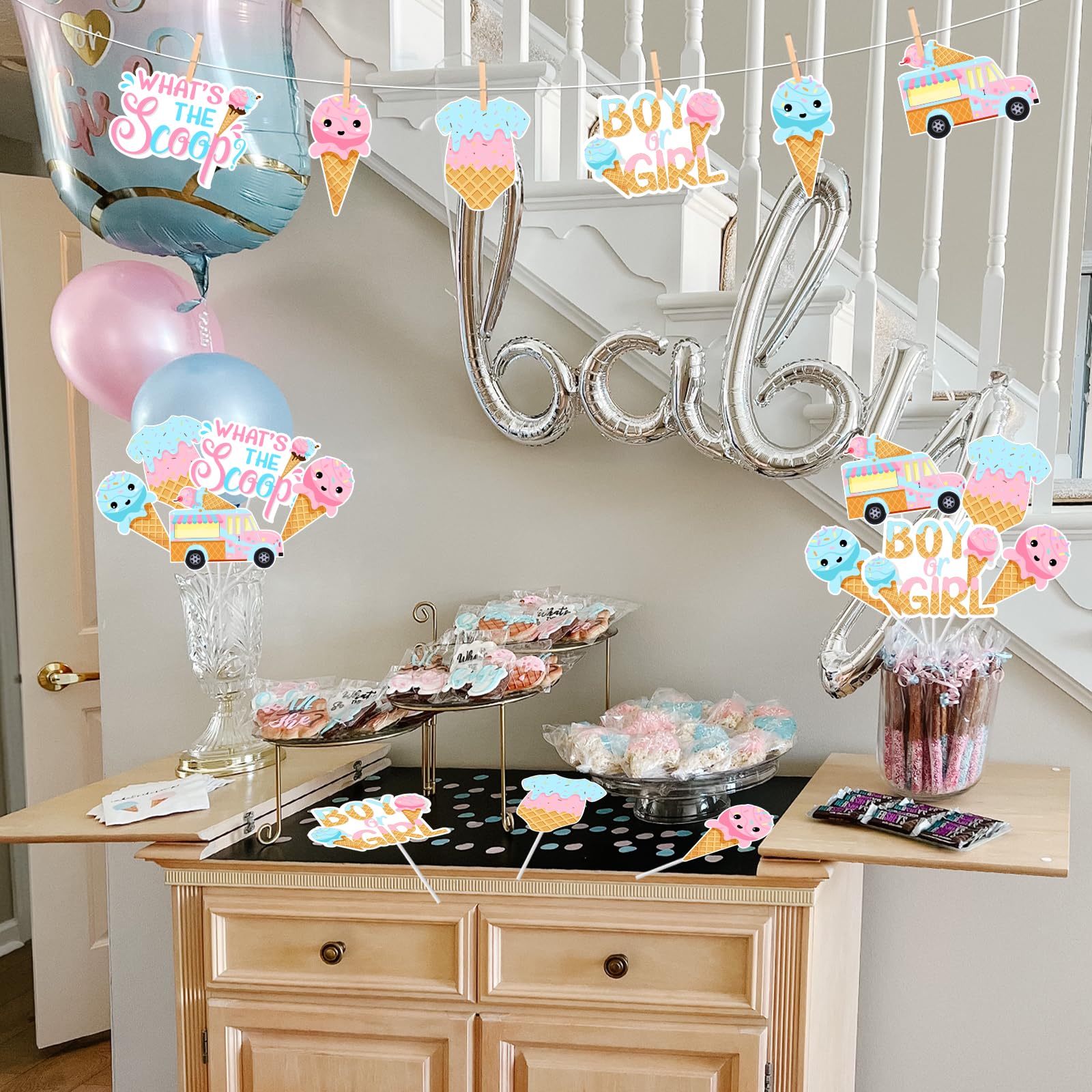24 Toppers Para Cupcakes Revelación Género – Tema Helado, Rosa Y Azul, Papel | Decoración Baby Shower, Embarazo, Fiesta Bebé