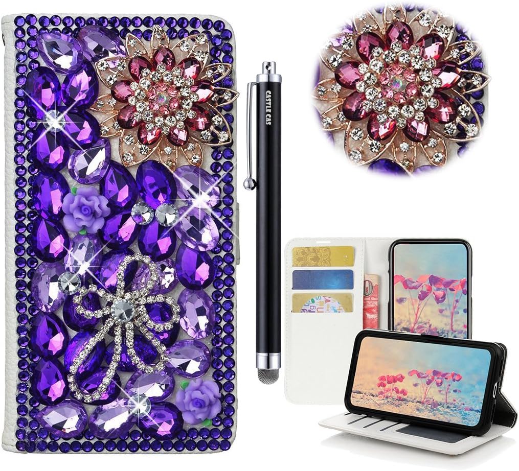 LG Tribute 5 Case, LG Escape 3 Bling Wallet Case - Castle Cas 3D Handmade Sparkle Crystal Luxury Flowers PU Leather Anti-Scratch Card Slots Bumper Design Cover Case - Deep Purple