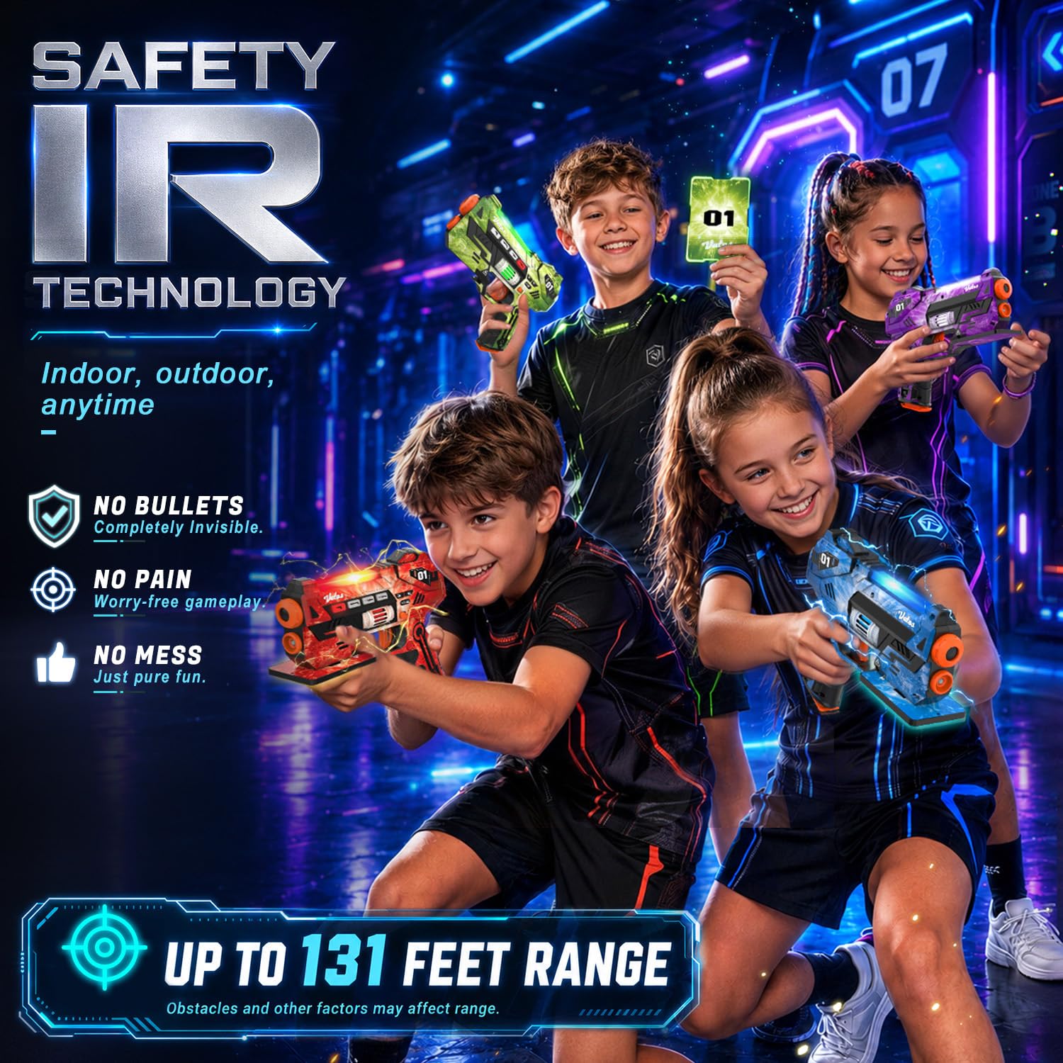 VATOS Set Laser Tag Rechargeable avec Base de Charge et Cartes Énergie, 4 Pistolets Laser avec Écran LCD et Synchronisation 2,4 GHz, Jeu Laser Intérieur/Extérieur pour Enfants, Ados et Famille
