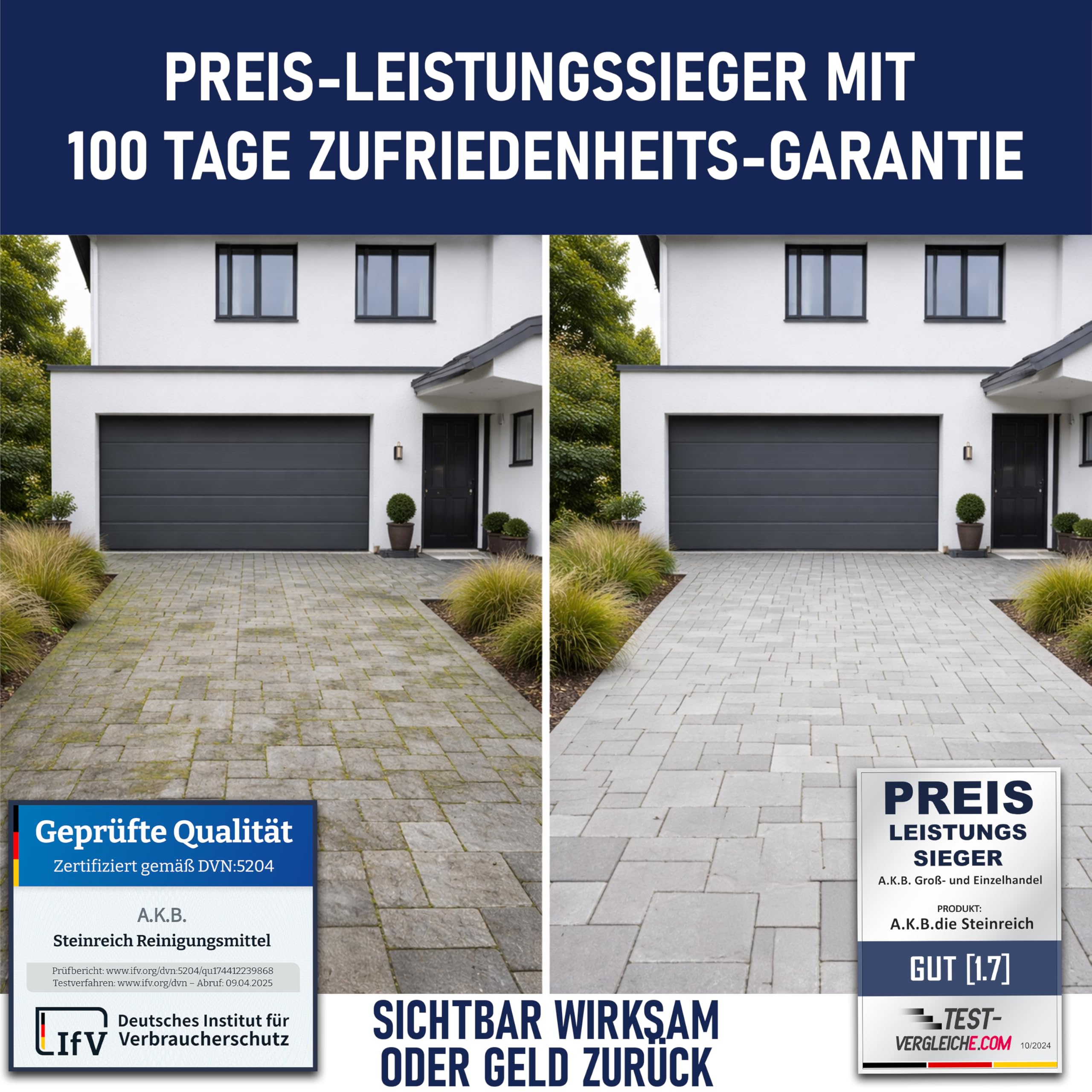 A.K.B Steinreich Grünbelagentferner & Steinreiniger Intensiv Aussen 2,5l - Hochwirksame Reinigung von Grünbelag, Algen & Flechten Mit & Ohne Schrubben - Steinreiniger Außen Konzentrat