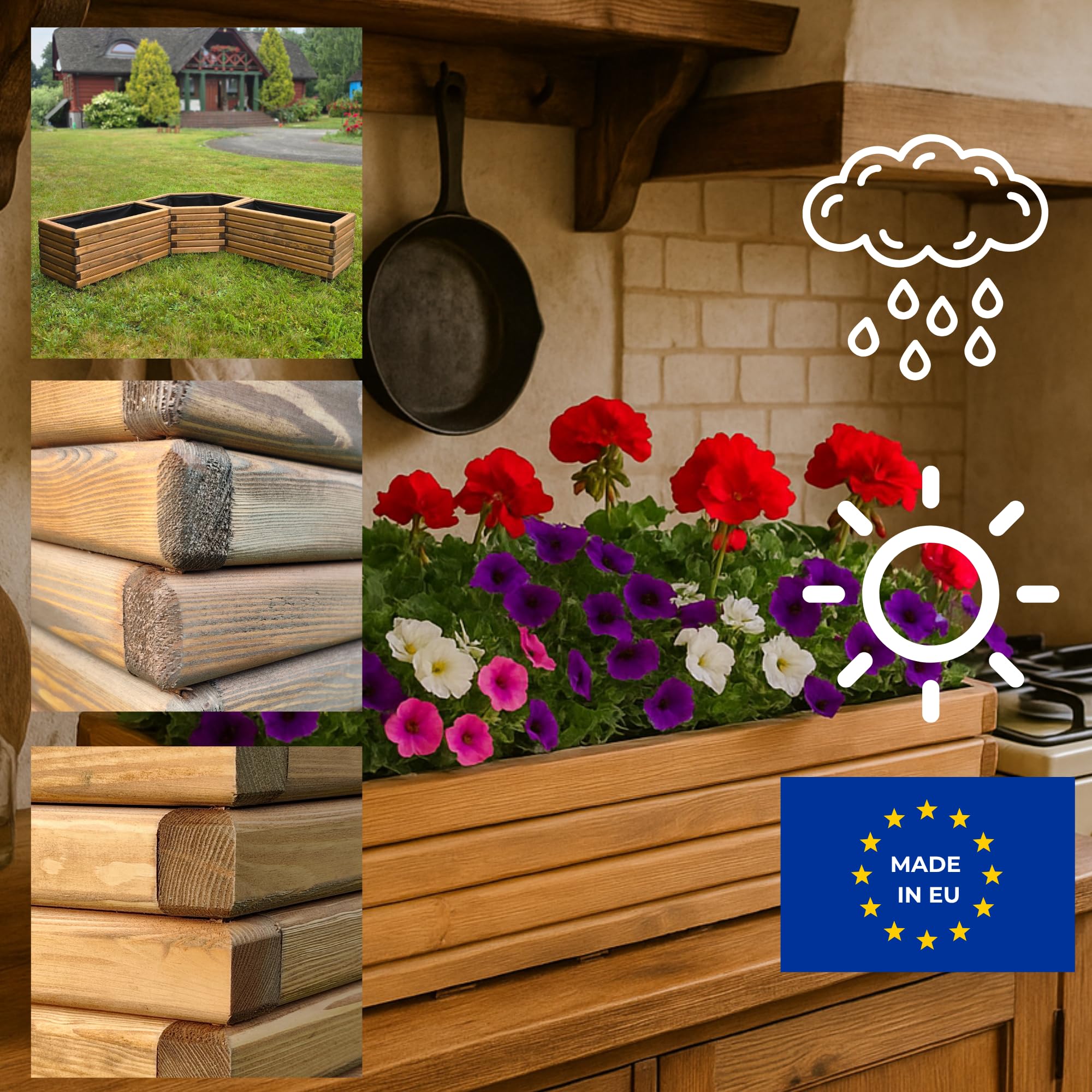 Fioriera in Legno con Tessuto Non Tessuto 118x25x25 cm cm Legno Massello Impregnato Colore Teak Vaso da Esterno per Giardino Balcone e Terrazza, Resistente alle Intemperie, 43L
