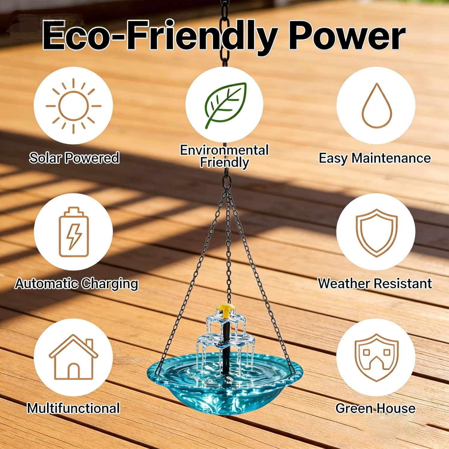 Solar Cascade Hanging Bird Bath Fountain, Outdoor Large Hanging Bird Bath Humming Birds Birdbath with Solar Pump & Glass Bowl Water Bowl to Attract Wild Birds for Backyard Patio Decor