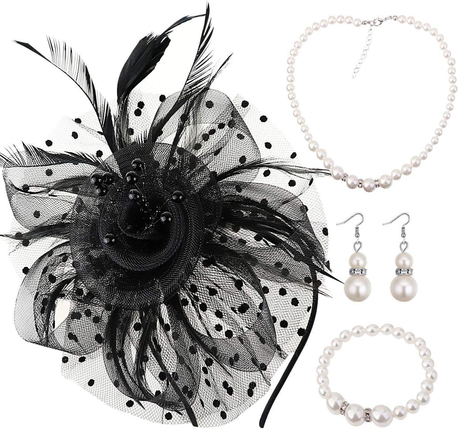 DRESHOW Fascinators Hat Flower Mesh Ribbons Feathers on a Headband and a Clip Tea Party Headwear for Girls and Women