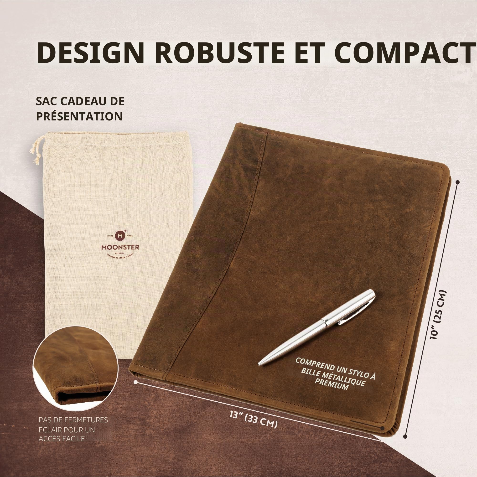 Porte-Documents A4 Cuir Compartiments Documents CV Stylo de Luxe Élégant Agenda Folio Cadeau Homme Femme MOONSTER®