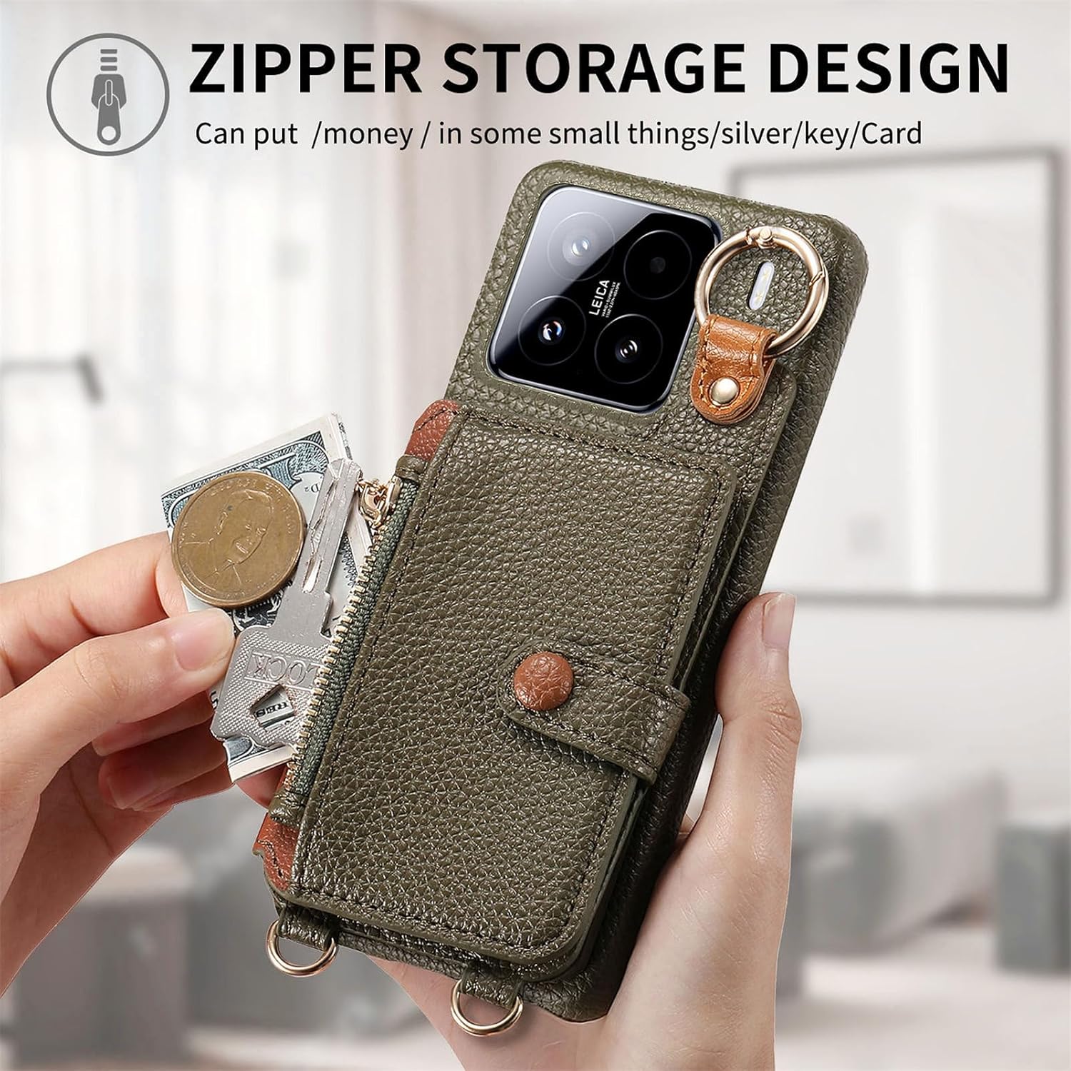 Wallet Case for Xiaomi 15 with Lanyard Strap Card Slot Holder RFID Blocking 360掳 Ring Kickstand,Magnetic Flip Folio Zipper Purse Case, PU Leather Cover Handbag,Green