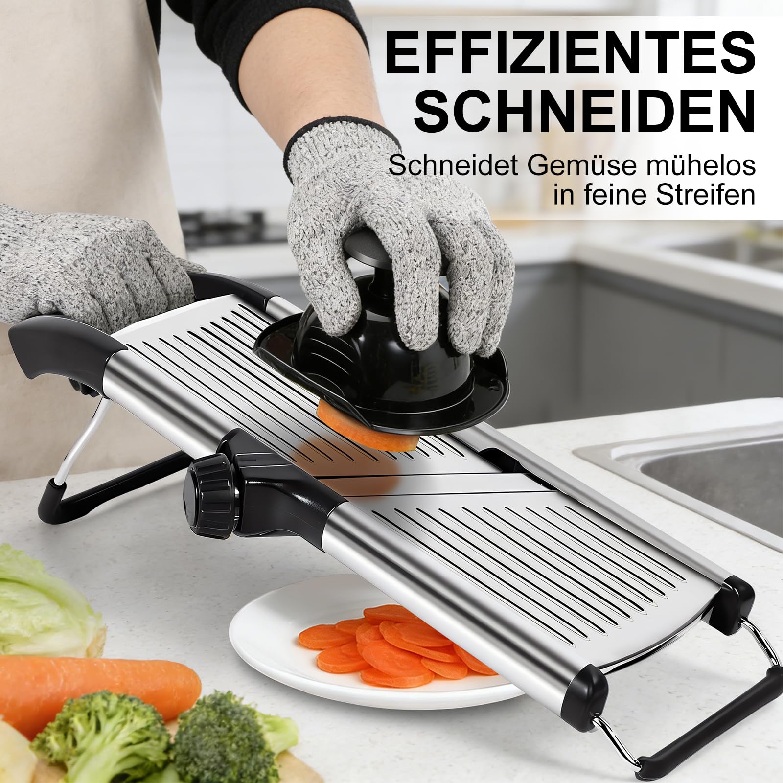 Masthome Verstellbar Edelstahl Gemüsehobel Mandoline, 5-in-1, Schwarz | Multifunktion Gemüseschneider Edelstahl mit Schnittfesten Handschuhen, Reibe für Gemüse für Obst und Gemüse