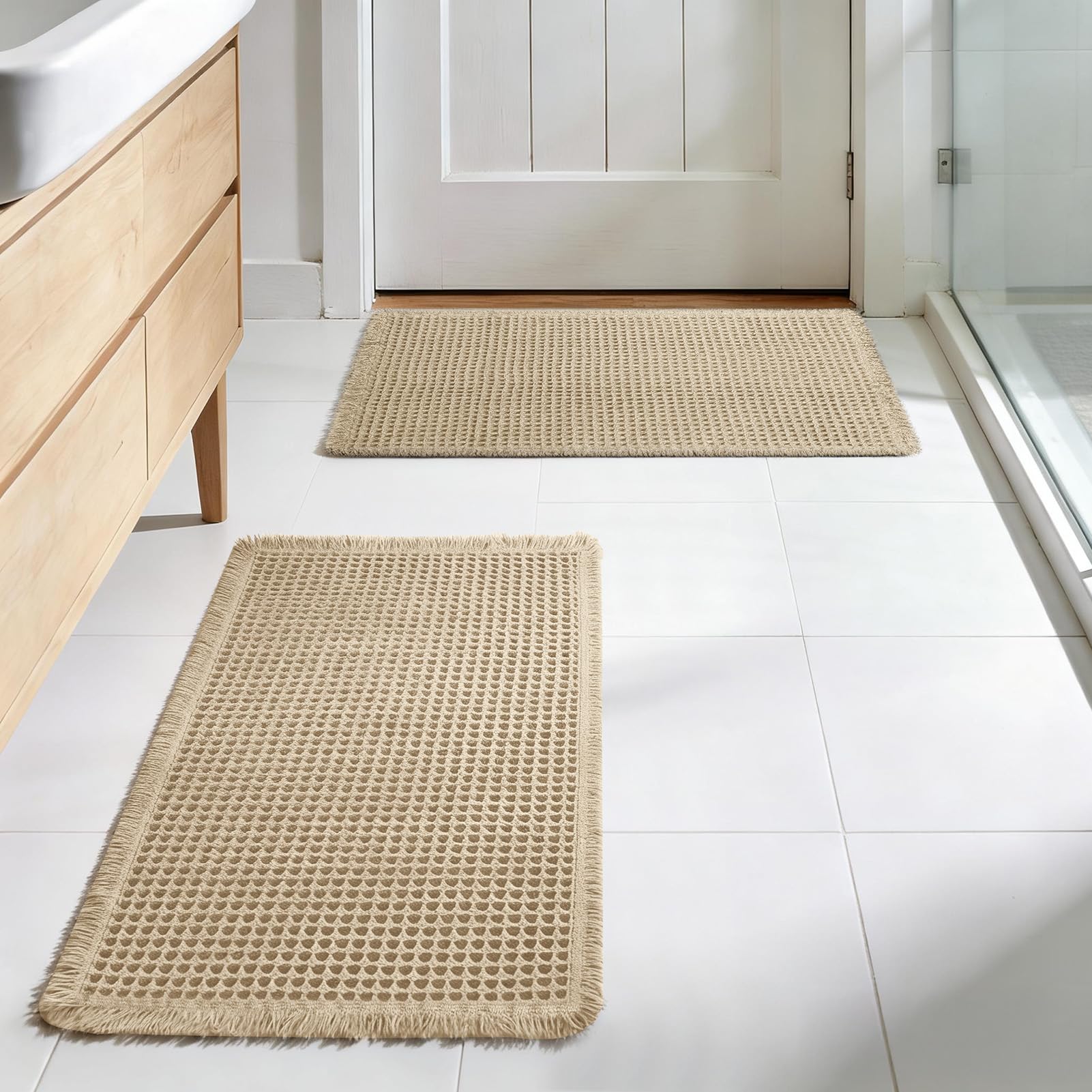 LUSCHEER 2 Piece Waffle Bath Mat, Extra Soft Water Absorbent Non Slip Bath Rug and Toilet Mat with Tassels, Rubber Backed, Machine Washable for Bathroom Floor (Brown, 43 x 61 cm + 46 x 77 cm) — image 1