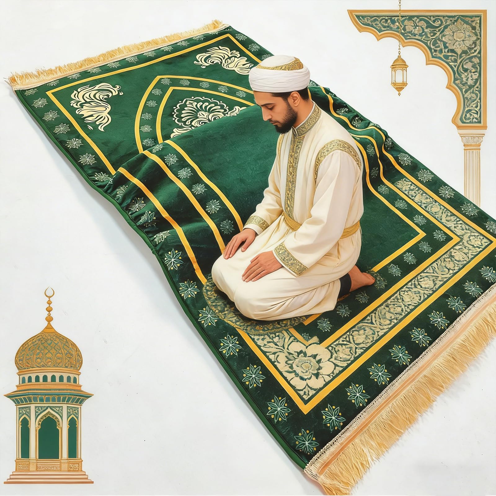 Tapis de prière en Polyester Extra épais de 8cm avec Base antidérapante, Texture Confortable, Tapis de prière Doux Contre Le Glissement de 70x110cm
