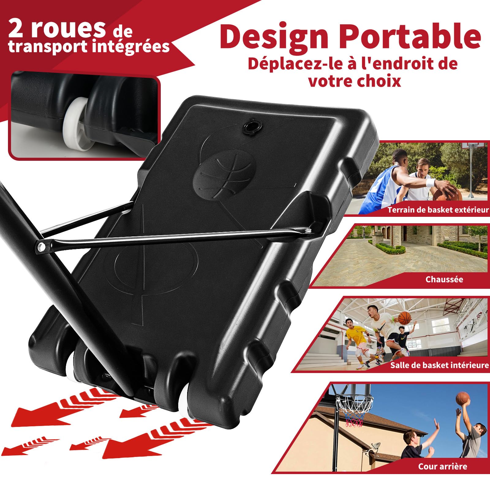 COSTWAY Panier de Basket Extérieur avec Hauteur Réglable 130-305 cm, Support de Basket sur Pied avec Panneau en HDPE et Filet, Base Remplissable & 2 Roues pour Adultes & Jeunes