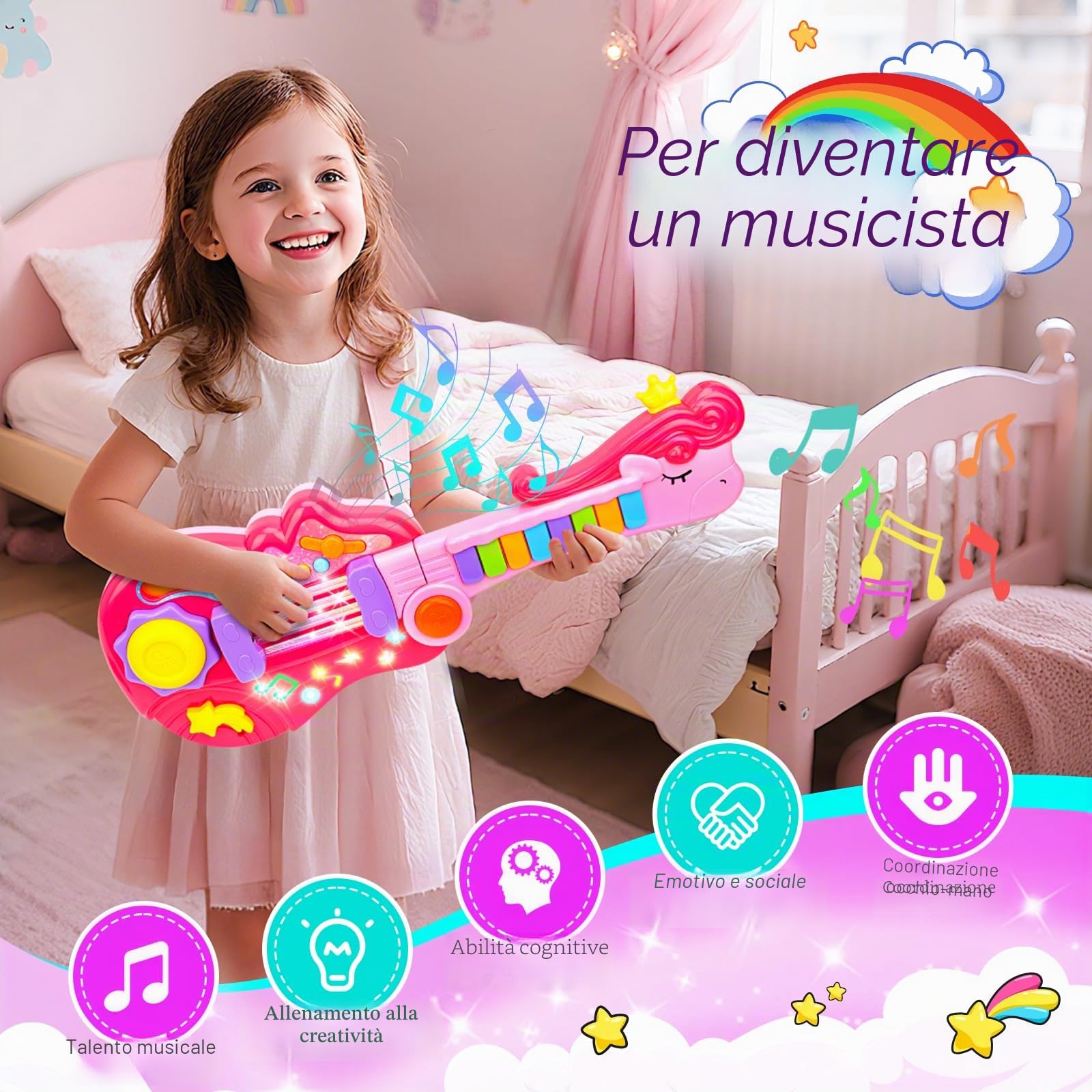 Chitarra Giocattolo per Bambini con Modalità Pianoforte 2-in-1 Strumento Musicale Elettrico Giocattoli Regalo per Ragazzi e Ragazze di 3 4 5 Anni (Rosa)