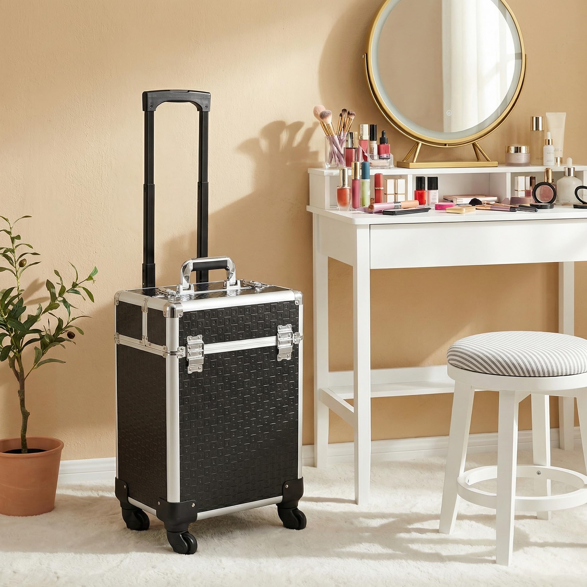 HOMCOM Maleta de Maquillaje Profesional con Ruedas, Maletín de Maquillaje con Mango, 2 Bandejas, Compartimento Inferior, Cerradura y 2 Llaves, para Salón, Peluquería, Negro