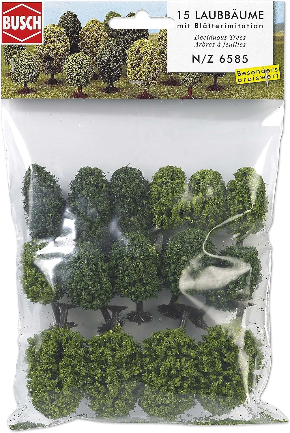 N Gauge BUSCH 6585 Trees 15 Deciduous Trees With Roots 40mm - 60mm Model Scenery
