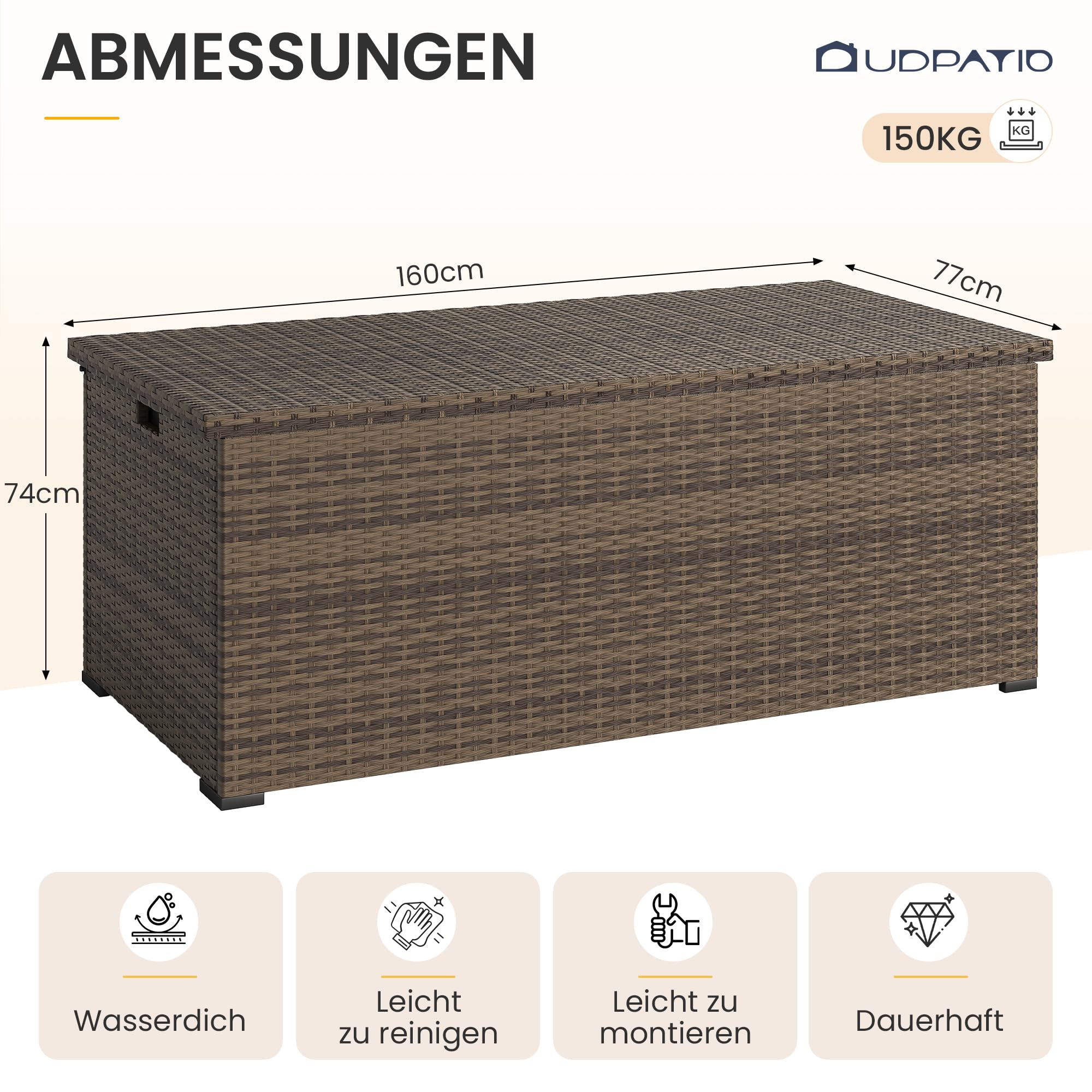UDPATIO Gartenbox Wasserdicht 870L, Aufbewahrungsbox Garten XXXL, Auflagenbox Wetterfest, Kissenbox Outdoor mit Deckel, Gasdruckfedern | Braun