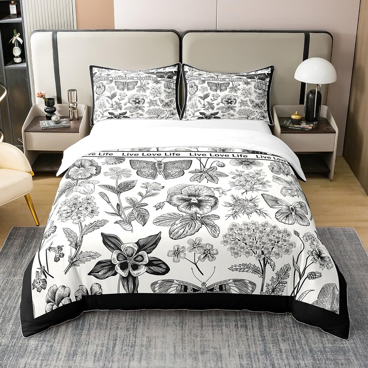 richhome Retro Butterfly 100% Duvet Cover,Jungle Leaves Moth Black White Comforter Cover for Bedroom,Farmhouse Comforter Cover with 2 Pillowcases Super King