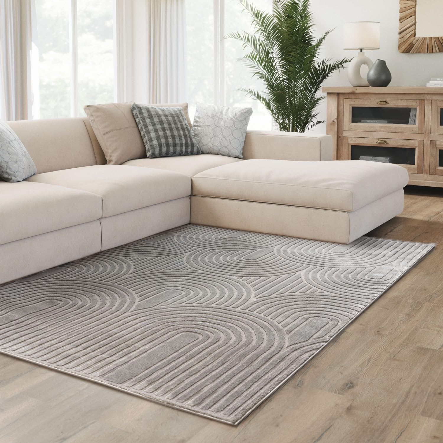 Interiyou Alfombra Salon Pelo Corto Cannes - 120x170 cm Gris - Diseño Boho escandinavo con Efecto 3D de Relieve - Plana con patrón geométrico