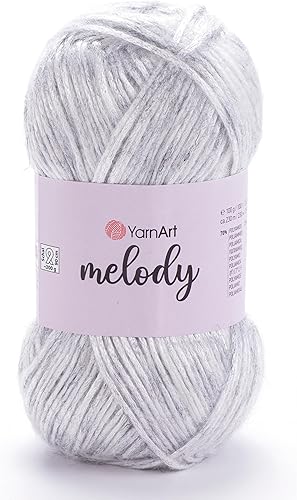 1 Ball YarnArt Melody, hilo de cadeneta, hilo brillante metálico brillante para tejer, ganchillo, bordado, 3.5 onzas, 754.6 ft (251 yardas), 70%