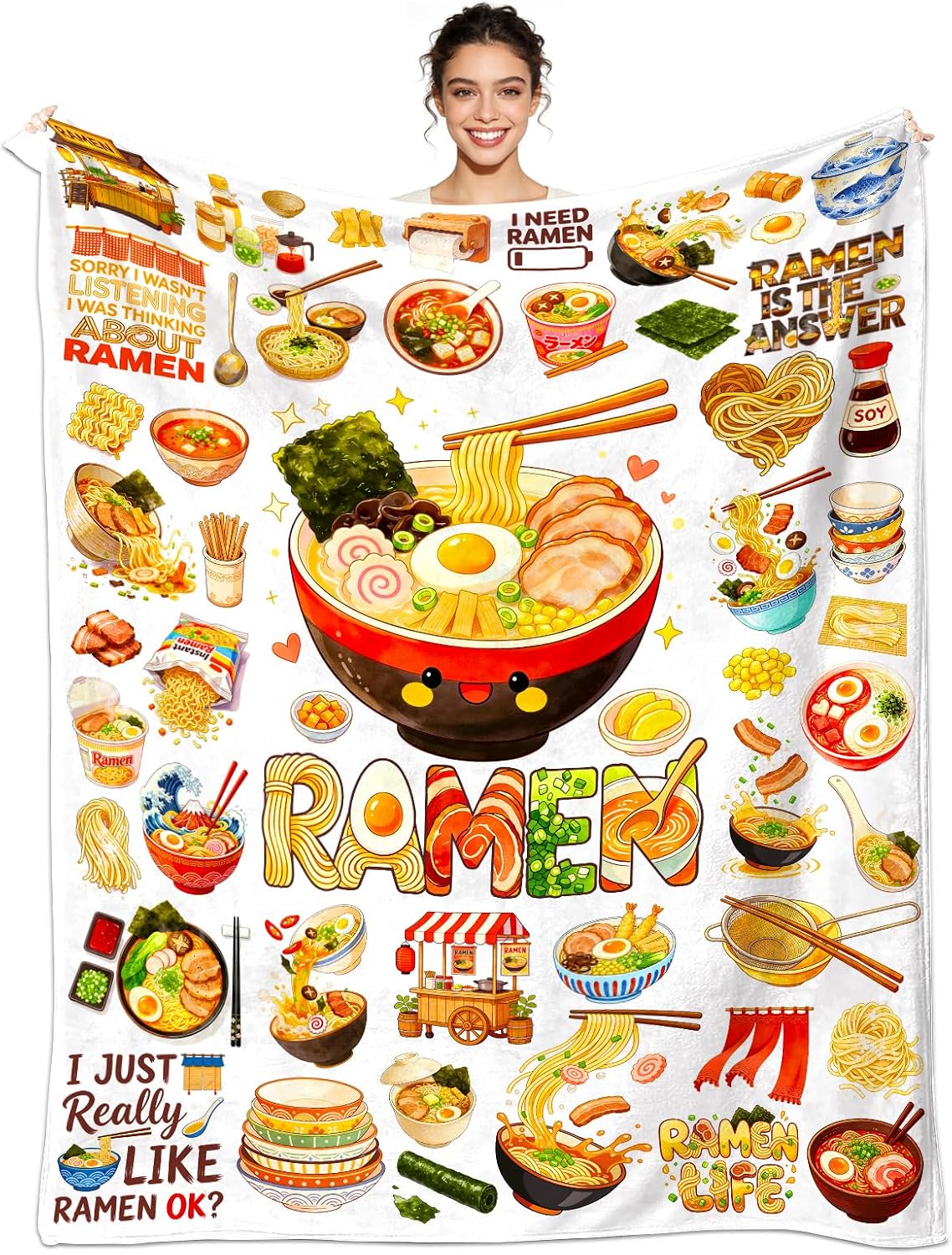 Ramen Blanket Soft Warm Lightweight Flannel Ramen Noodle Food Throw Blankets Ramens Bedroom Living Room Gifts for Adults 50"x40"