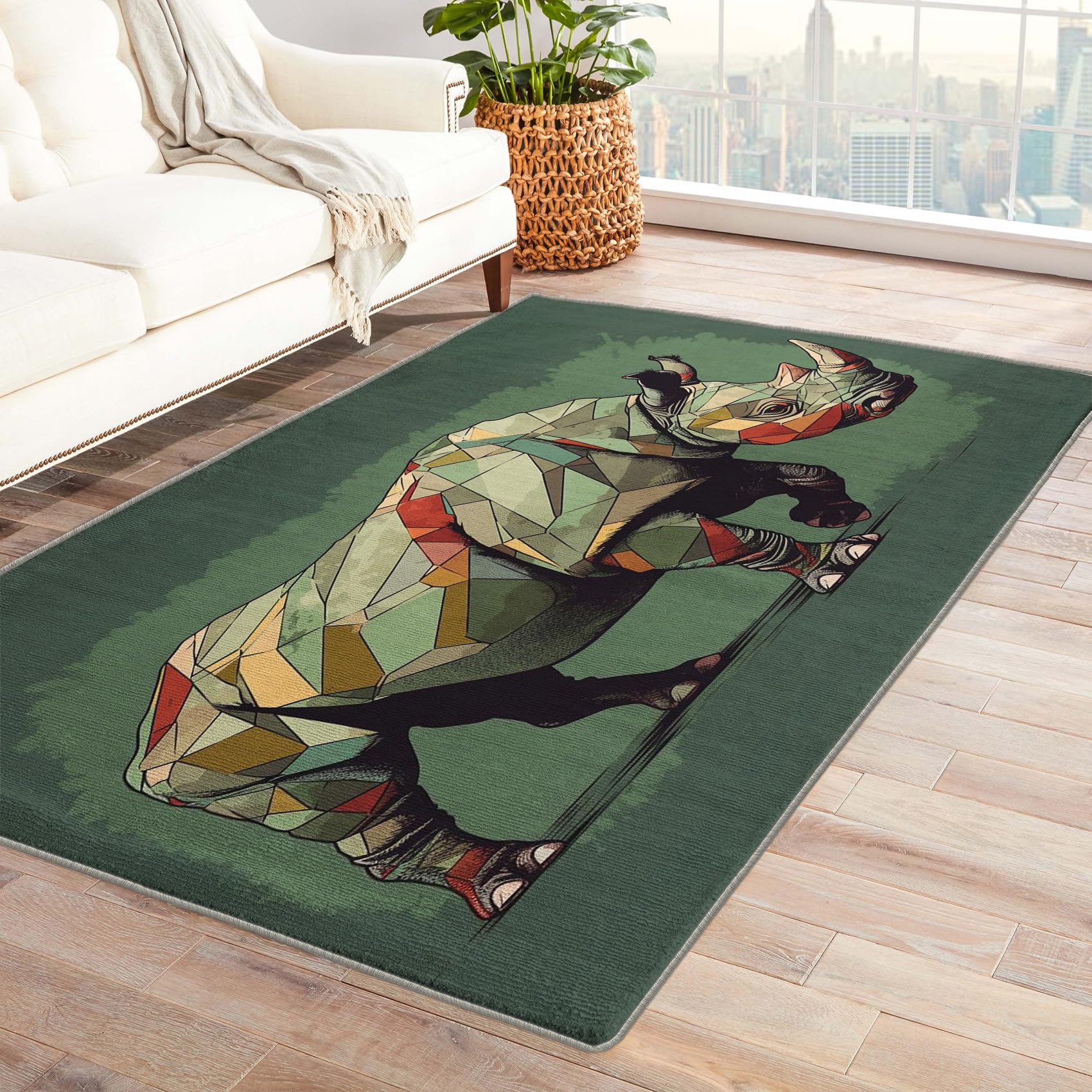 Rhino Rug 2x3 ft, Rhinoceros Area Rug, Abstract Animal Rugs for Entryway Living Room Bedroom, Sage Green Carpet, Kids Room Decor for Boys Girls,