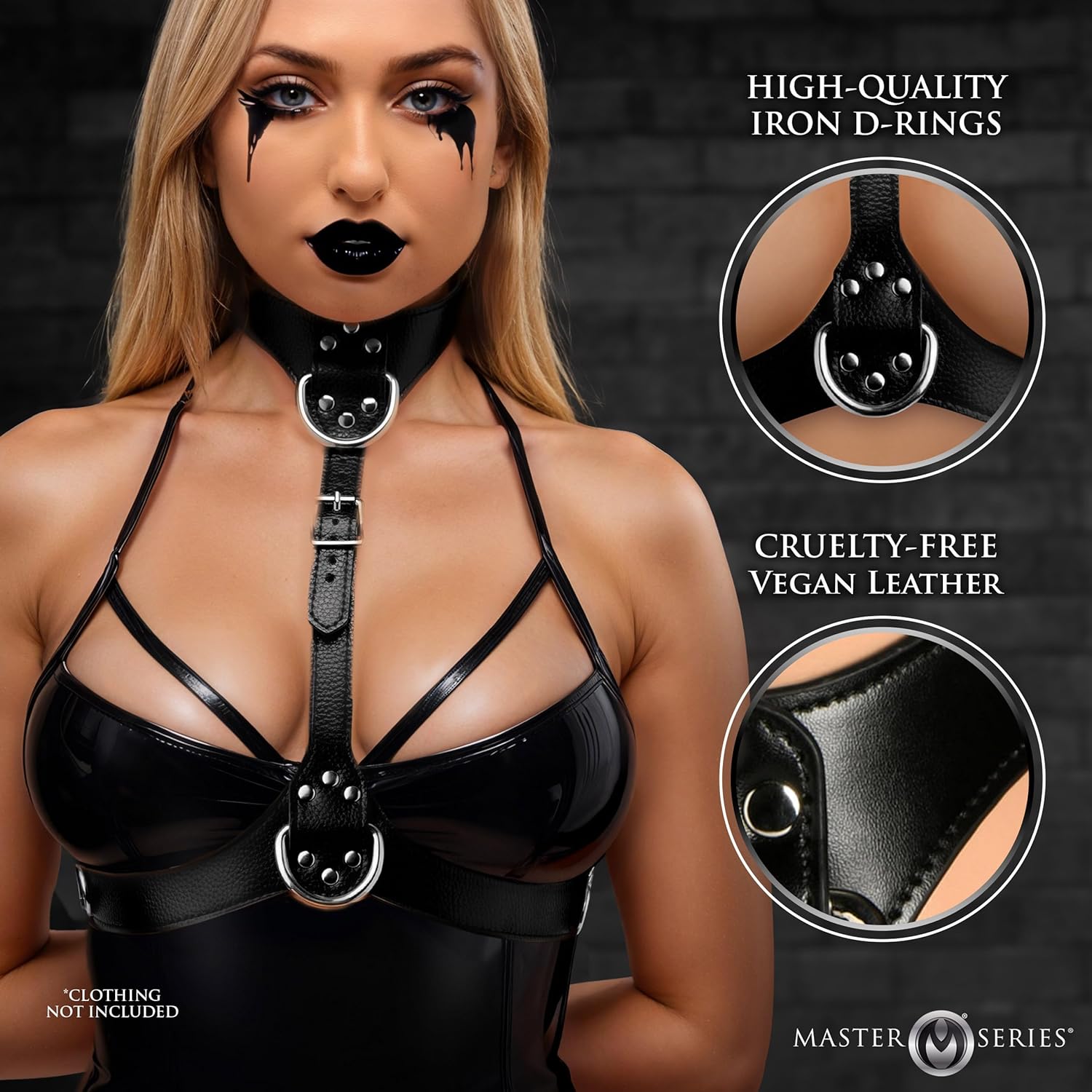 MASTER SERIES Female Chest Harness. Durable Vegan Leather and Adjustable. Large D-Rings and Built-in Collar. 1 Piece, Red.