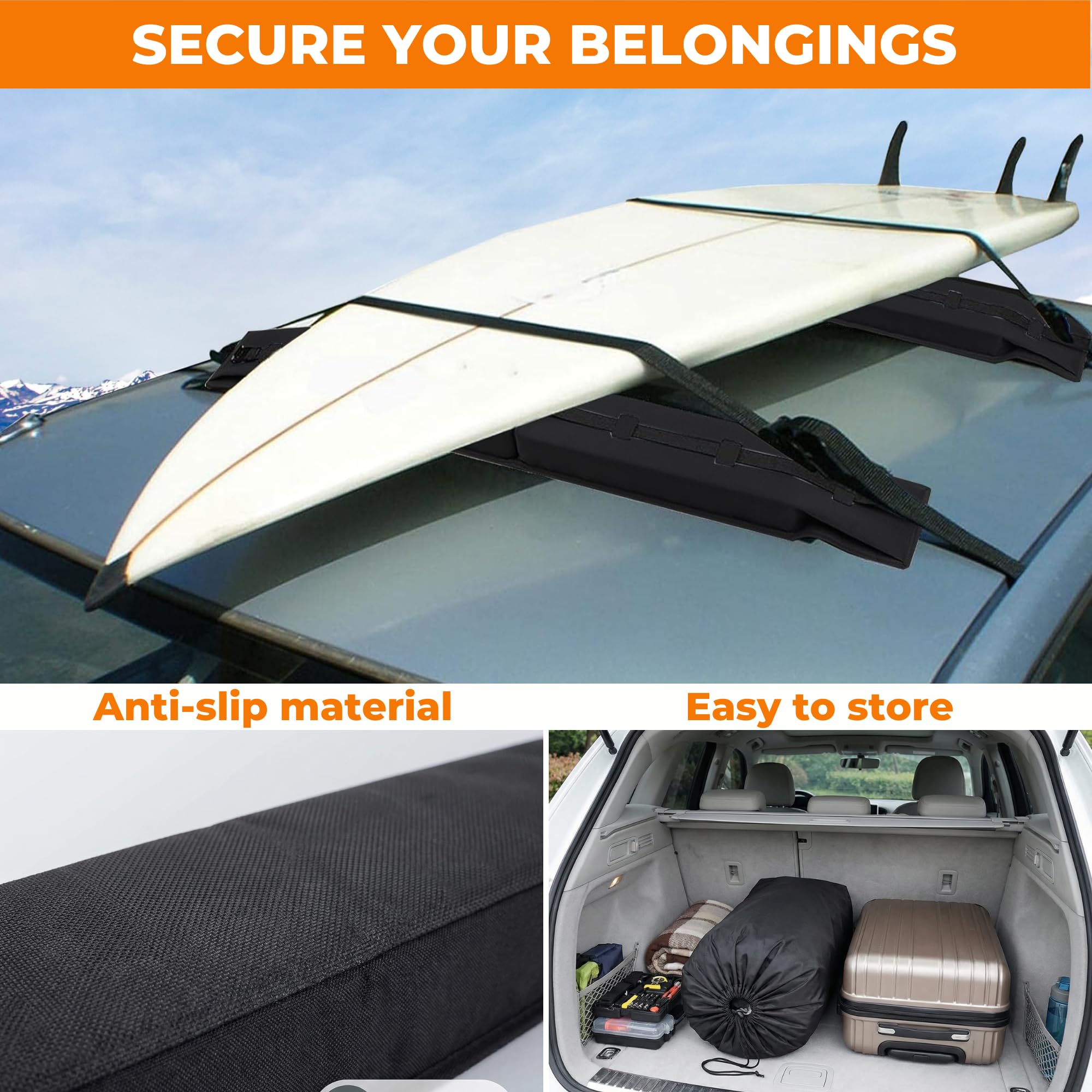 Barras de Techo Suaves Universales para Coche, Baca Portaequipajes Acolchada Plegable con Correas y Ganchos para Kayak, Surf, Esquís y Equipaje