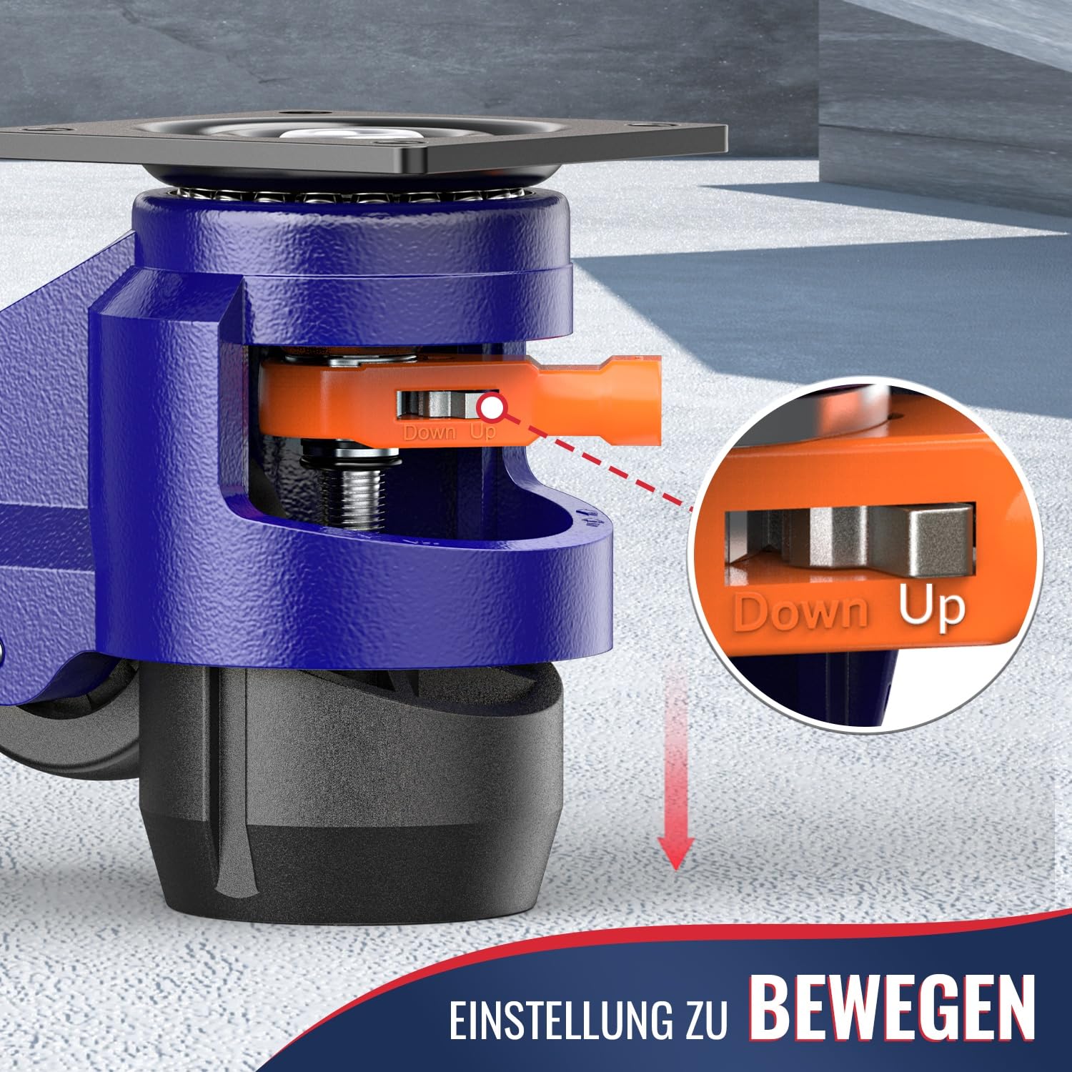 4 x Premium Nivellierrollen - Schwerlastrollen mit Ratschengriff - Gesamthöhe 107-114 mm - Industrierollen für Werkbank