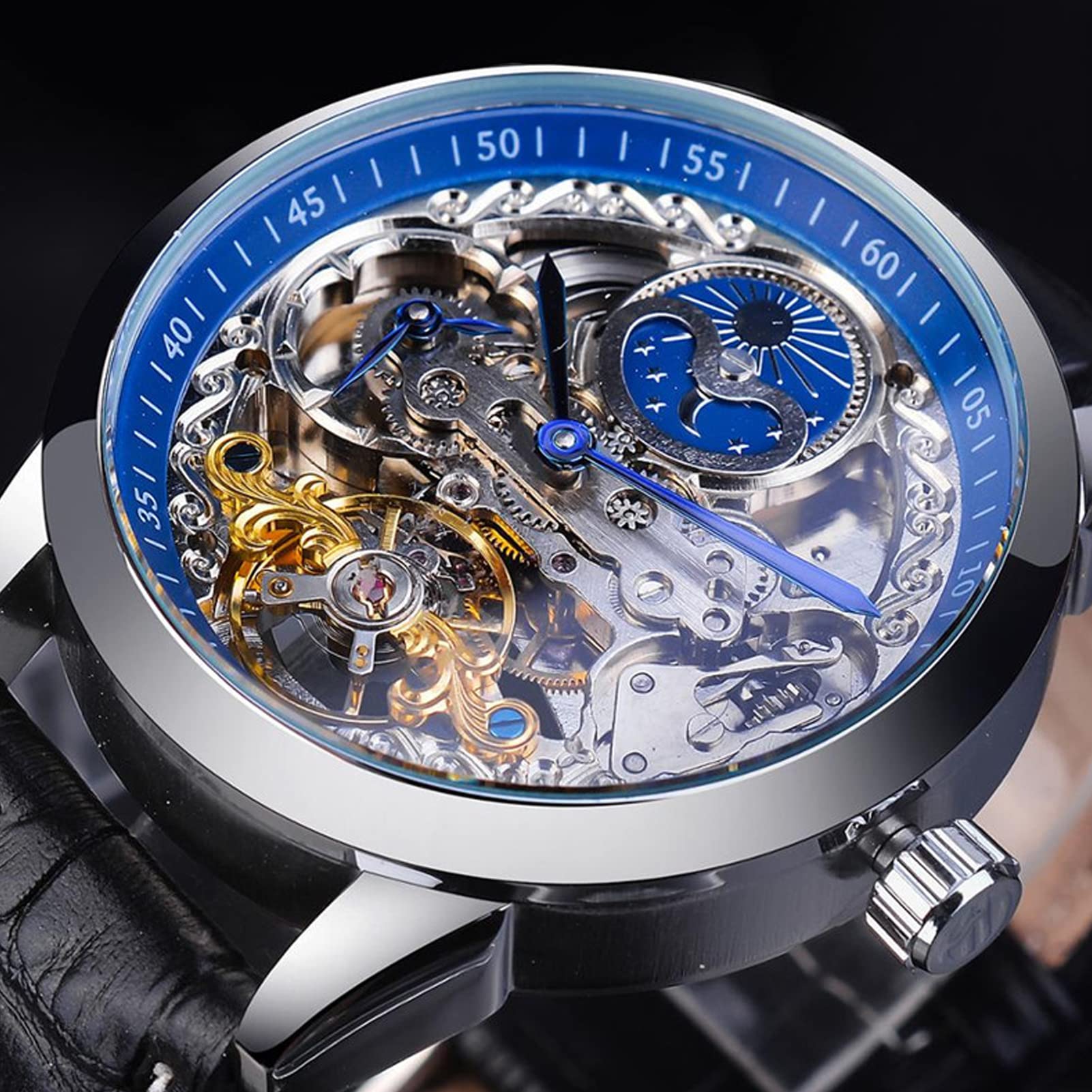 FORSINING Orologio da uomo Tourbillon Fase lunare Orologio da polso automatico da uomo in pelle moda business scheletro orologi di lusso a carica manuale