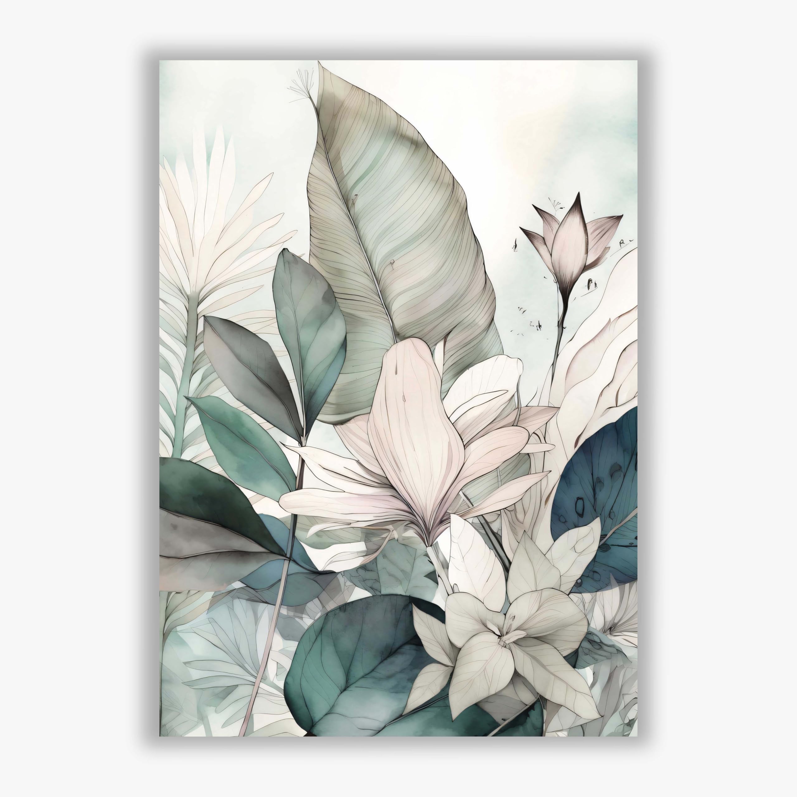 Spiffing Prints Whispering Botanicals No.4 – Impression botanique avec feuilles vertes et fleurs blush – Grand format – Encadré