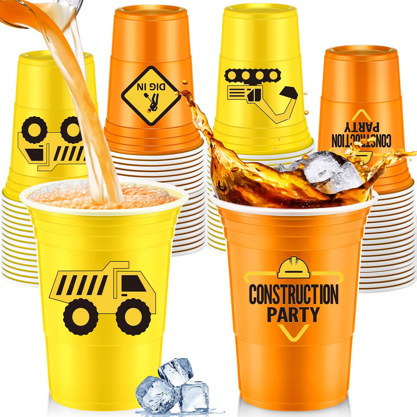Norme 48 Pcs Construction Party Supplies Bulk 16 oz Construction Party Thick Plastic Disposable Cup Hot Cold Drink Wine Coffee for Home Holiday Party