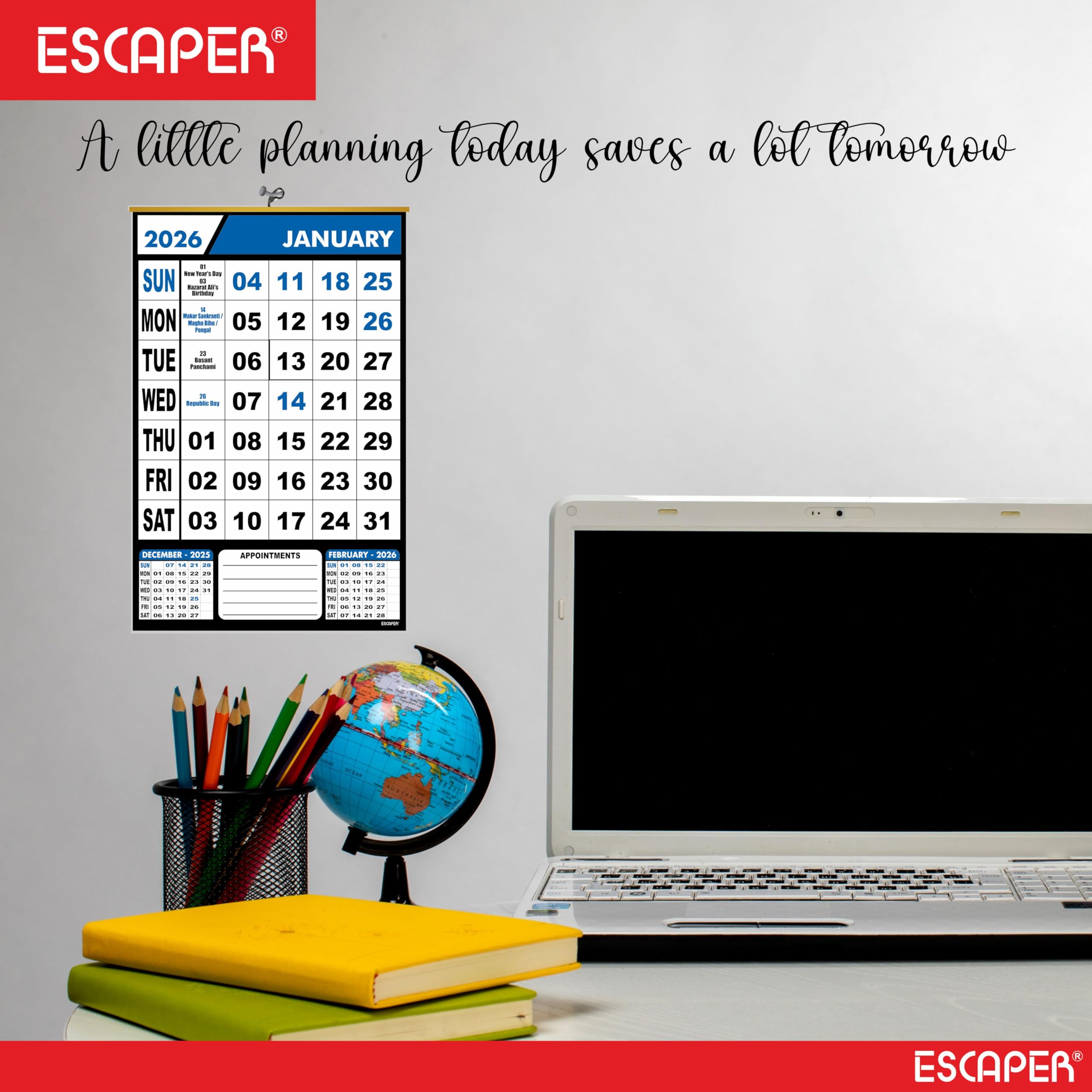ESCAPER Calendario de pared azul 2026, calendario colgante grande con vacaciones indias, planificador mensual, papel de 100 g/m², diseño fácil de colgar, calendario de Año Nuevo 2026