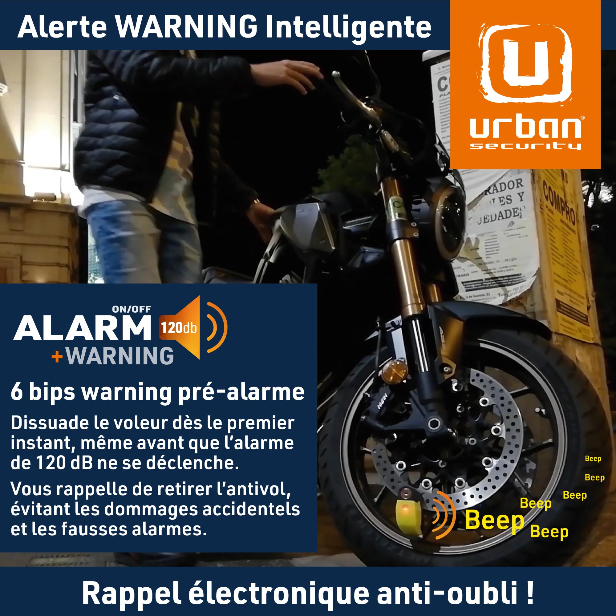 URBAN UR6 Antivol Moto, Bloque Disque avec Alarme intelligent | Plus Efficace | Hi-Tech, 120dB, LED, Warning, Sensibilité A+, Trés Étanche, Batterie Long Durée, Cadenas Bloc 6mm Universel Scooter Vélo