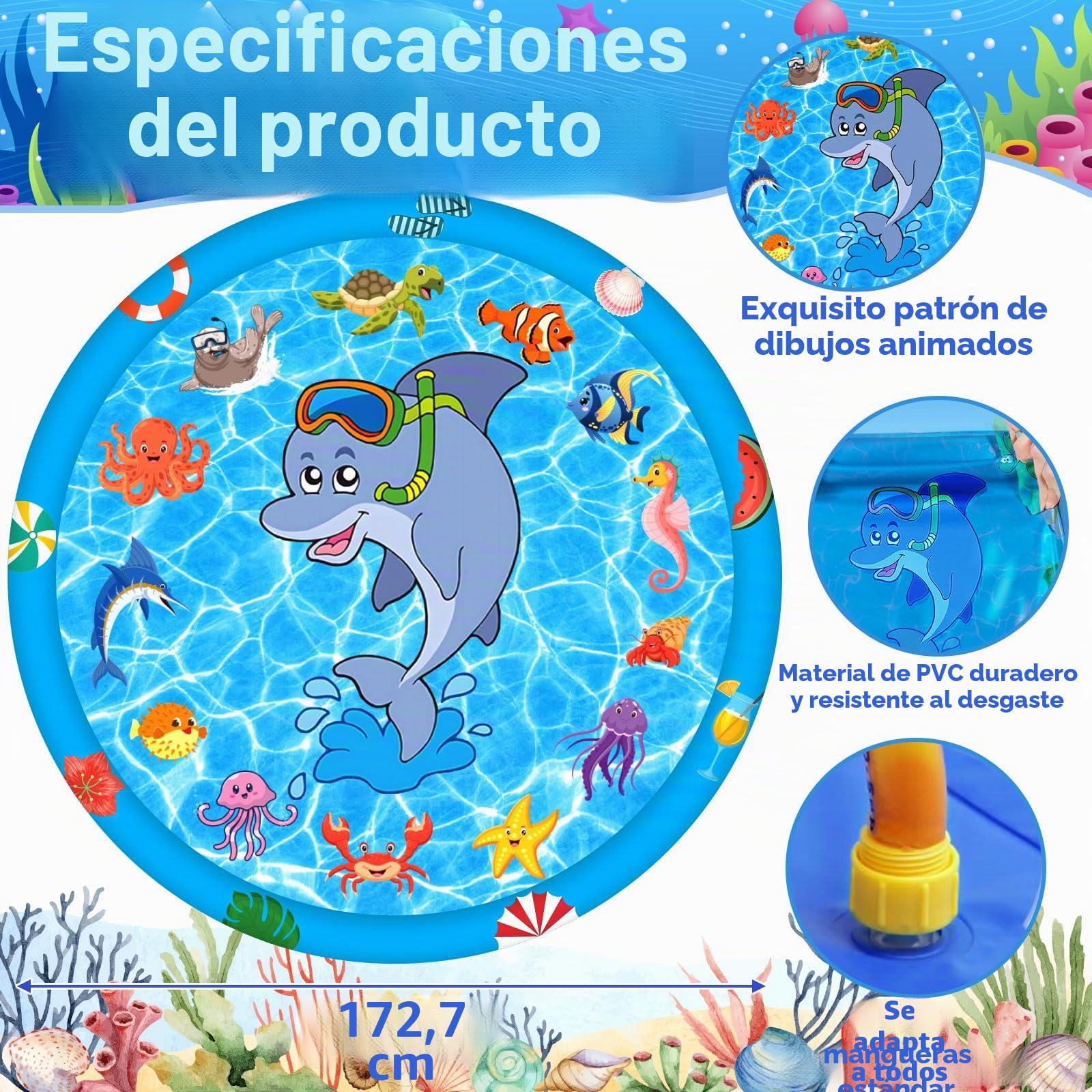 Splash Pad, 170cm Aspersor para Niños, Patrón De Animales Marinos Juegos Exterior Niños, PVC Juegos Piscina Aspersor para Niños Apto para Niños Y Mascotas De 3 A 6 Años