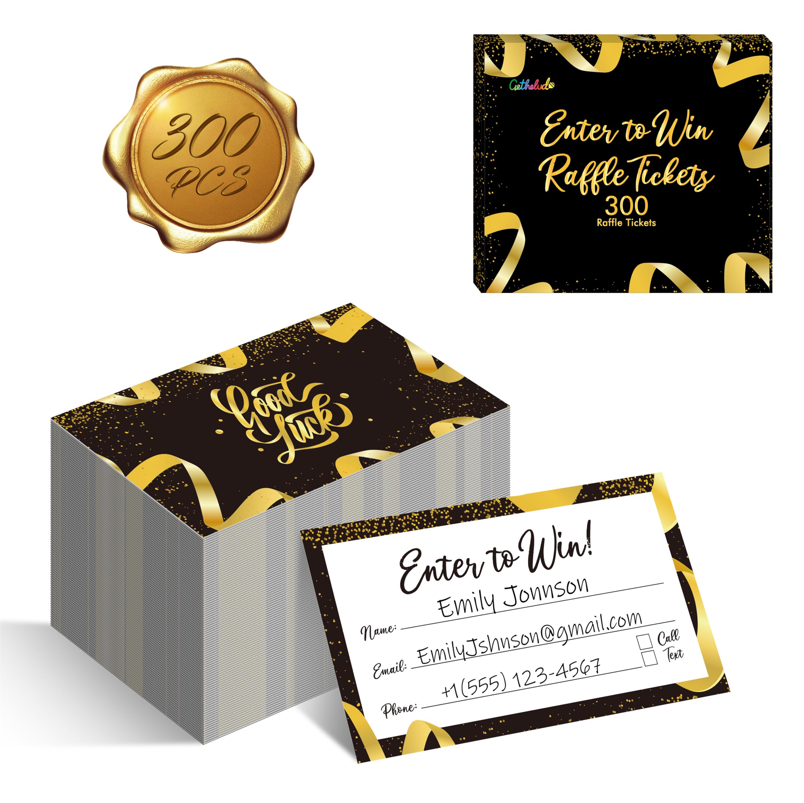 300 Billets de Tombola, Cartes de Formulaire d'Inscription avec Espace pour Nom, Adresse E-mail, Numéro de Téléphone pour Concours, Tombolas, Urnes, 50/50, Enchères (8,9 cm x 5 cm, Noir)