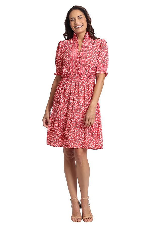 London Times Womens Dresses Easy Feminine Versatile Smocked Waist Ruffle Neckline, Cardinal/Soft White, 16 US by London Times - Used condition - US$23.27
