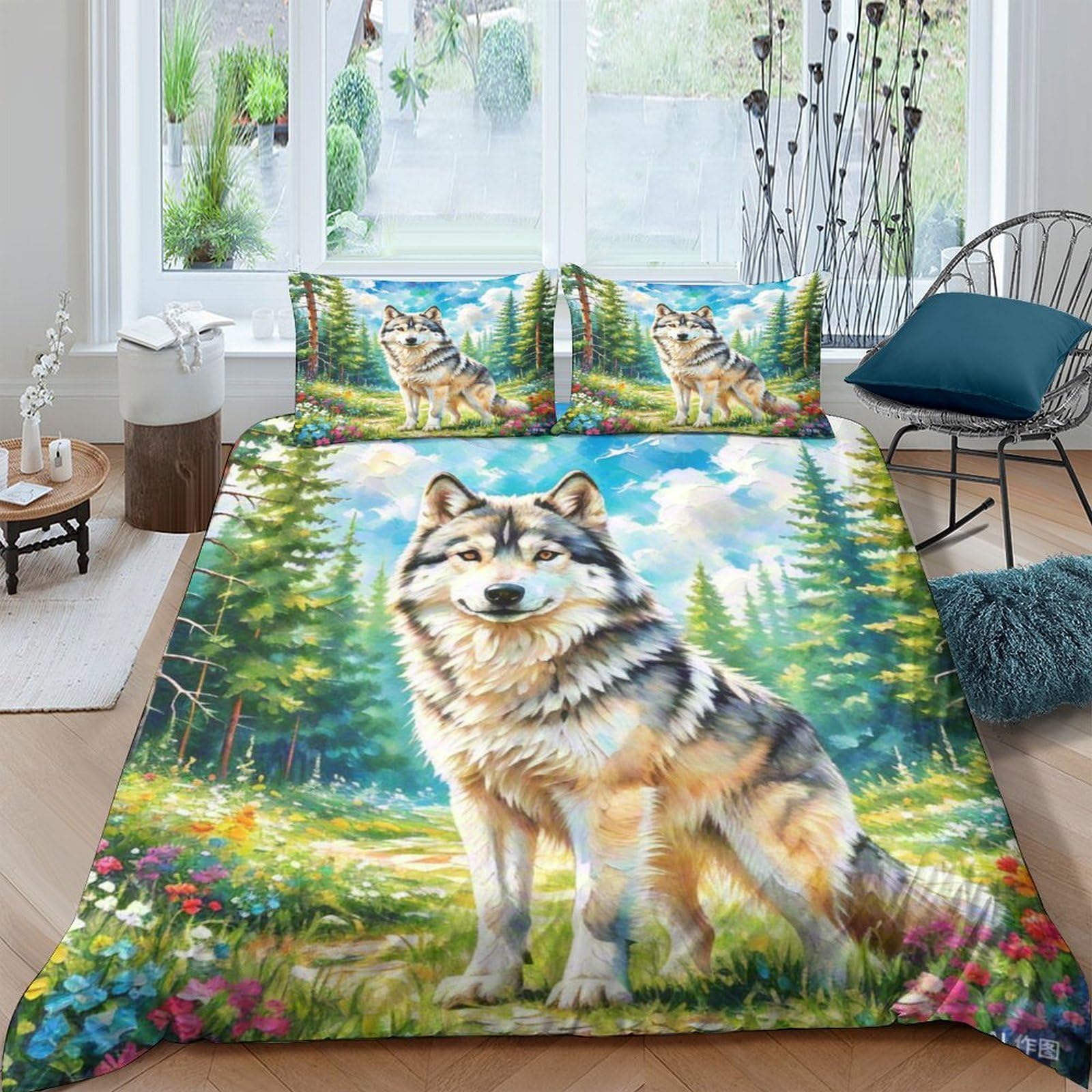 Housse de couette loup 3D microfibre抗皱免烫 200x200cm taie oreiller lit double