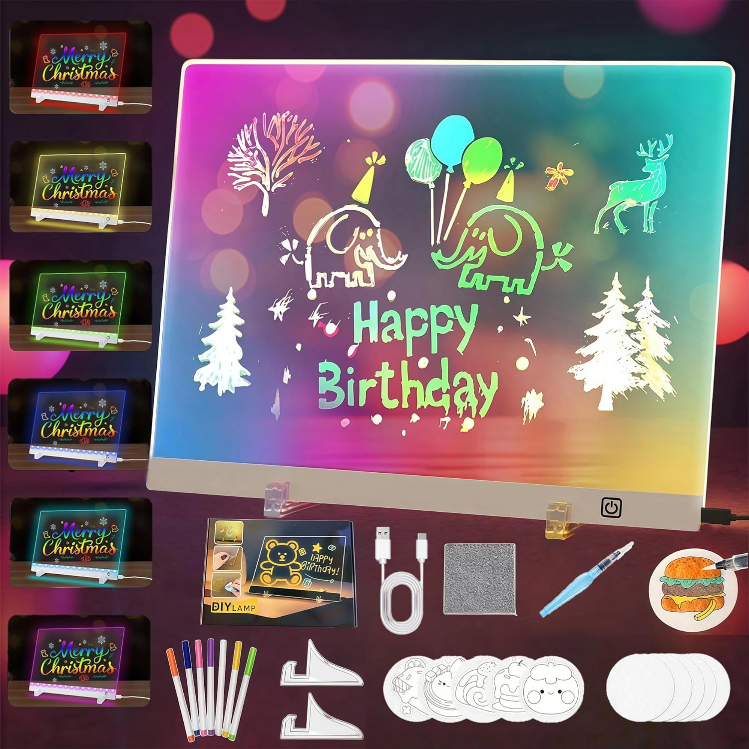 LED Drawing Board, Glow Acrylic Dry Erase Message Board with Light, 7 Colors & 4 Modes with Stand, Night Light for Room, Get Extra 7 Markers & 10pcs 3D Magic Puffy Paint Kit (15.8'' x 11.8'')