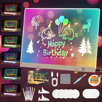 LED Drawing Board, Glow Acrylic Dry Erase Message Board with Light, 7 Colors & 4 Modes with Stand, Night Light for Room, Get Extra 7 Markers & 10pcs 3D Magic Puffy Paint Kit13.8 x 9.9