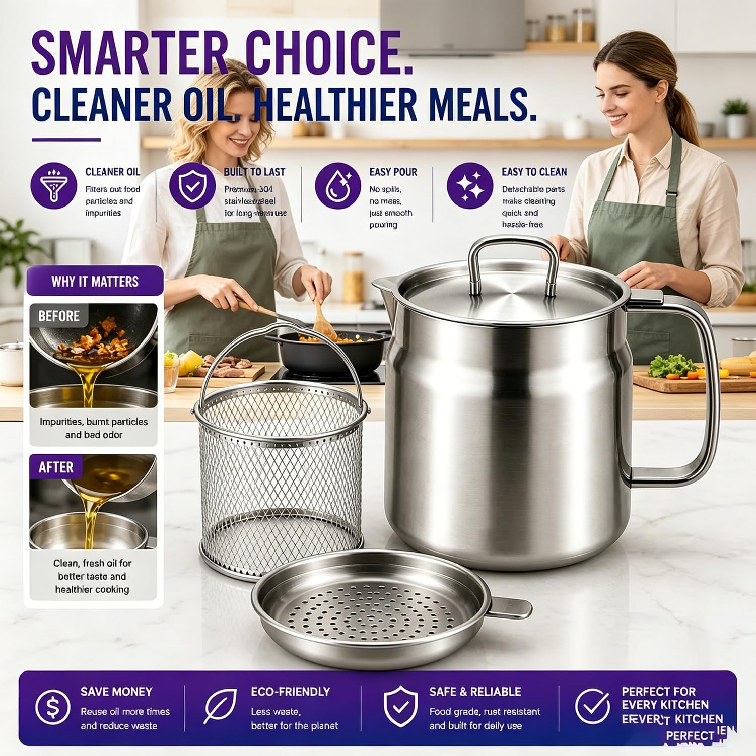 Olla coladora de aceite de acero inoxidable 304 2 en 1 con cesta para freír, recipiente multifuncional de grasa de cocina para una fácil cocción y almacenamiento (2.0L/70 onzas)