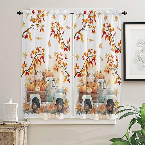 Miniatura 2 de Cortinas de cocina de Acción de Gracias de 45 pulgadas de largo, cortinas de ventana con bolsillo para cortinero de calabaza, camión, ramas de