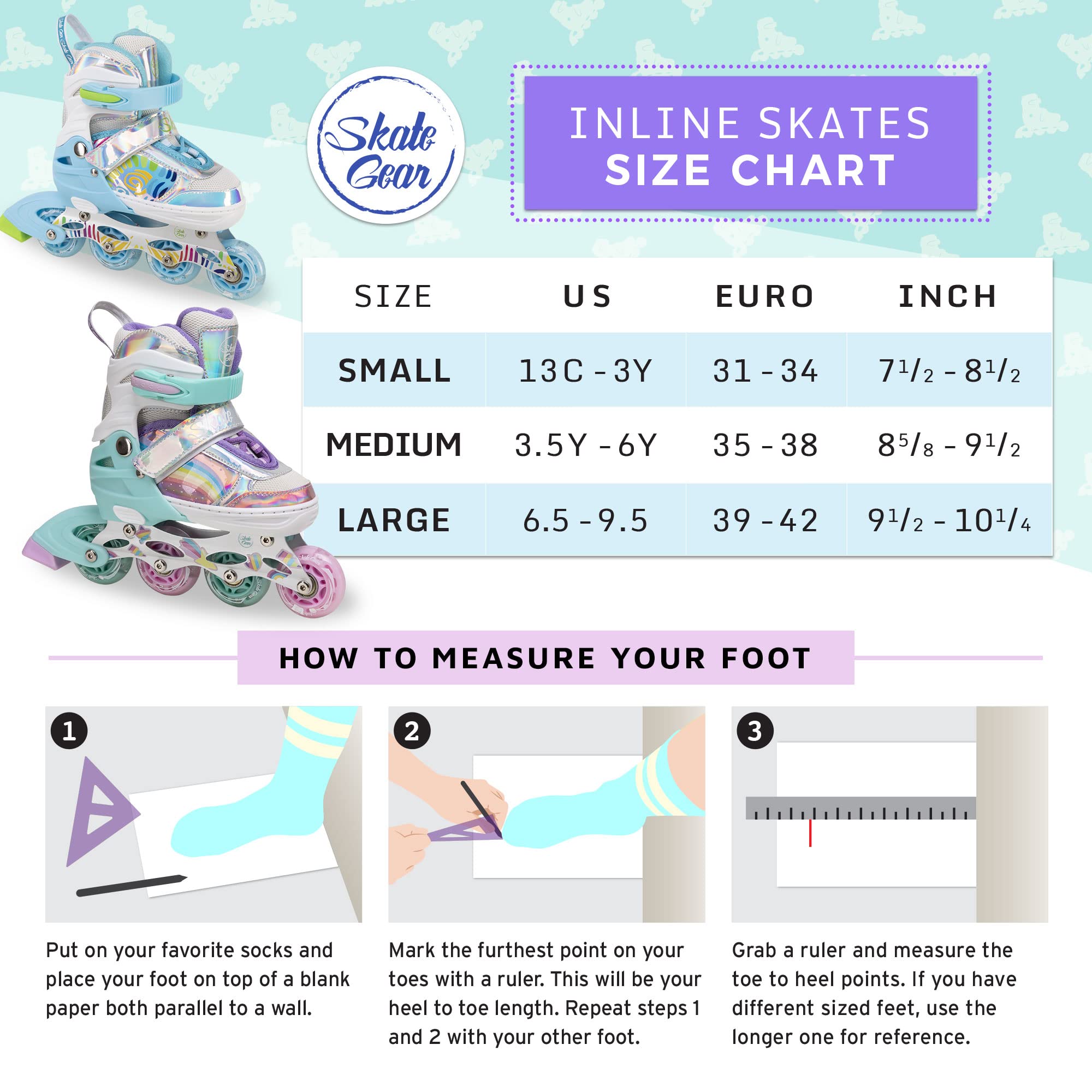 Skate Gear Rainbow Adjustable Light up Inline/Quad Roller Skates for Girls and Boys (Pink - Inline, Small)