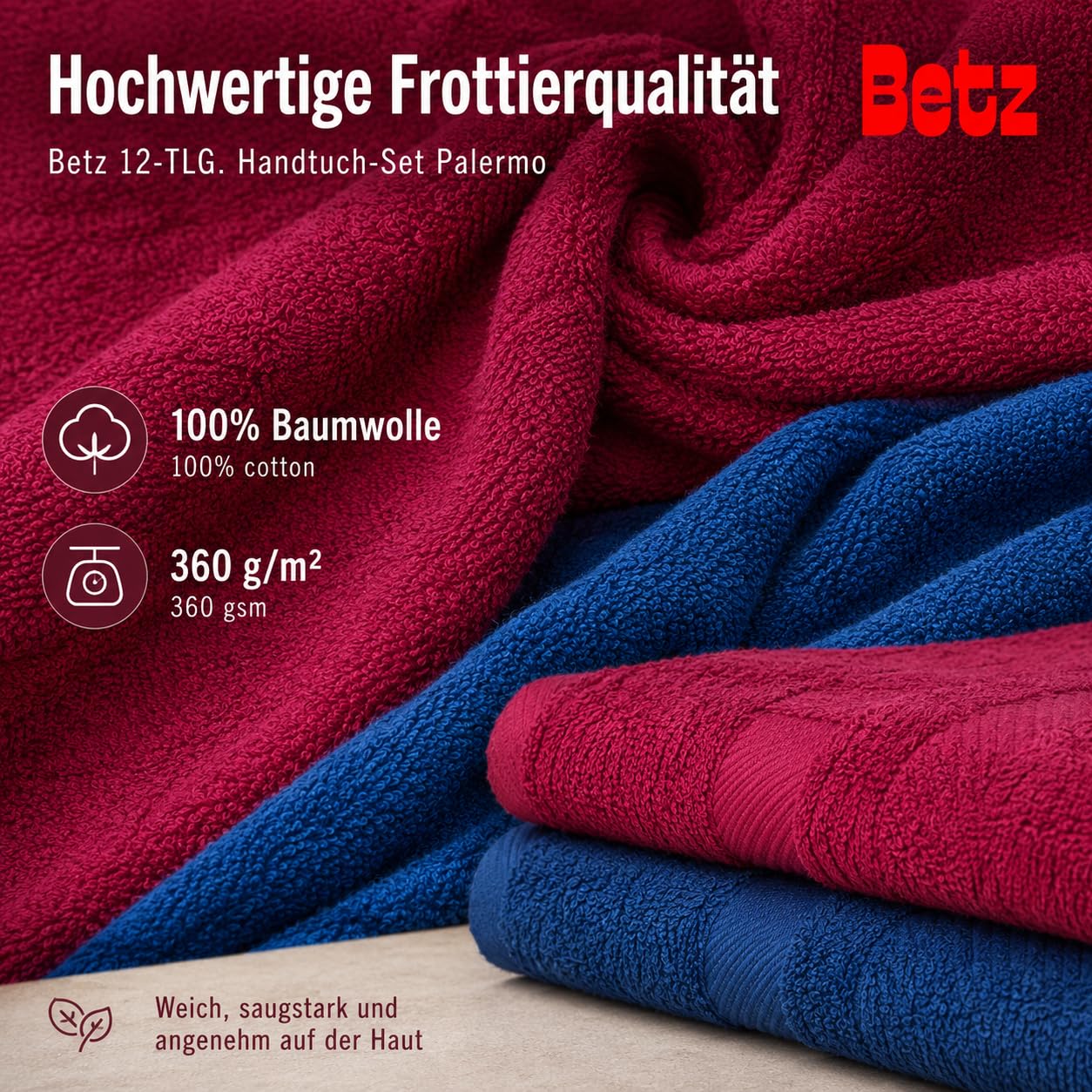 Betz Lot de 12 pièces 100% Coton Palermo 2 draps de Bain 4 Serviettes de Toilette 2 d'invités 2 lavettes 2 Gants de Toilette Couleur Rouge Canneberge et Bleu