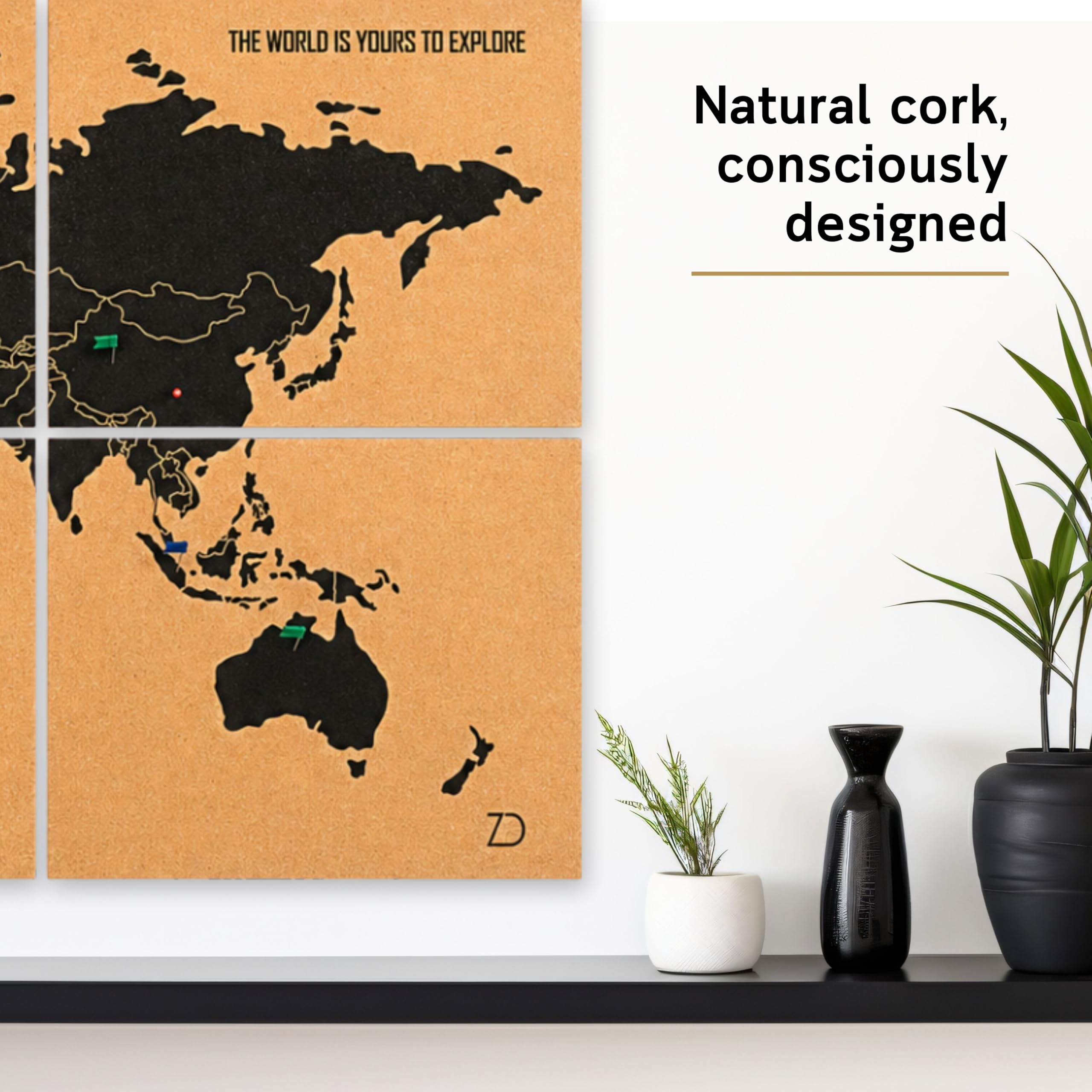 Mapa świata korek ścienny XXL 120 x 60 cm - 6 paneli samoprzylepnych - mapa do znakowania podróży pinezkami - 60 pinezek w zestawie - dekoracja domu