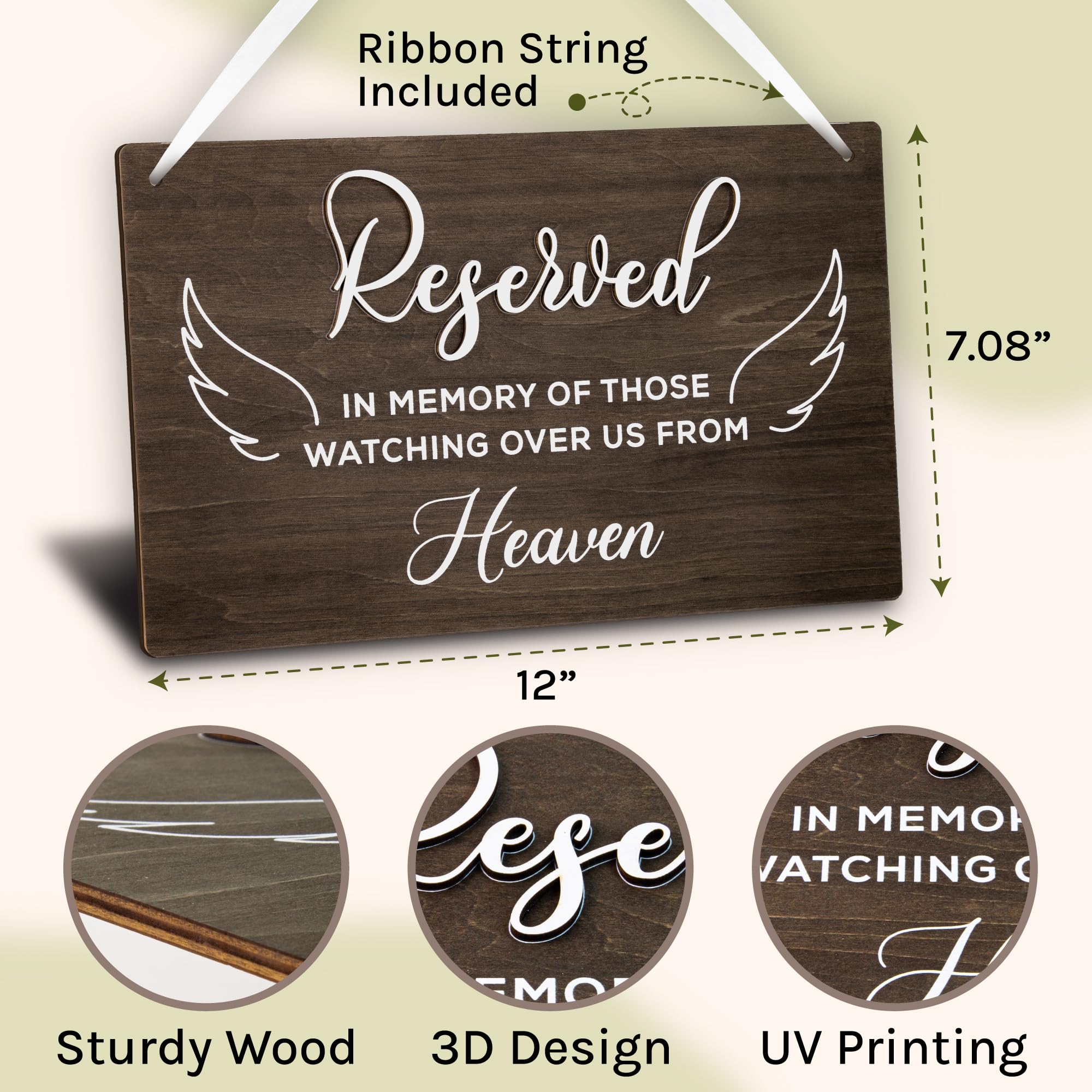 STOFINITY 'Reserved Seating Signs Wedding Heaven' - Reserved Memorial Wedding Chair, Holzschild für Hochzeitszeremonie, Sitzbanner, Gedächtnis | Holz, 30,5 x 18,3 x 0,8 cm, vormontiertes Band, hängt am Stuhl, Gedenkdekoration, Hochzeitszeremonie