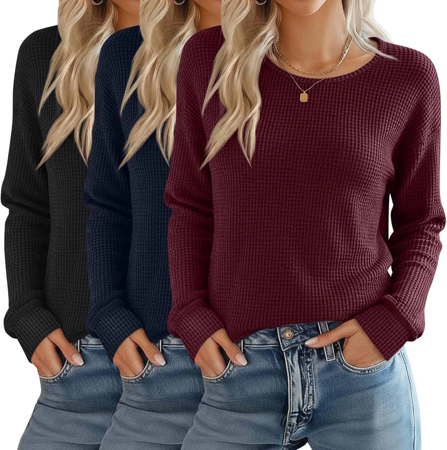 3 Pack Women's Waffle Knit Long Sleeve Shirts, Crew Neck Slim Fit Thermal Tops Casu...