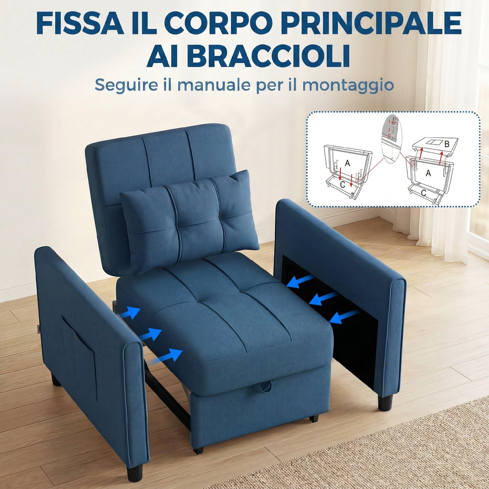 HOMCOM Poltrona Letto Singolo 3 in 1 con Schienale Reclinabile su 3 Livelli, 2 Ruote, Cuscino, Divano Letto Singolo Pieghevole in Tessuto Effetto Lino e Legno, 69x82x85cm, Blu