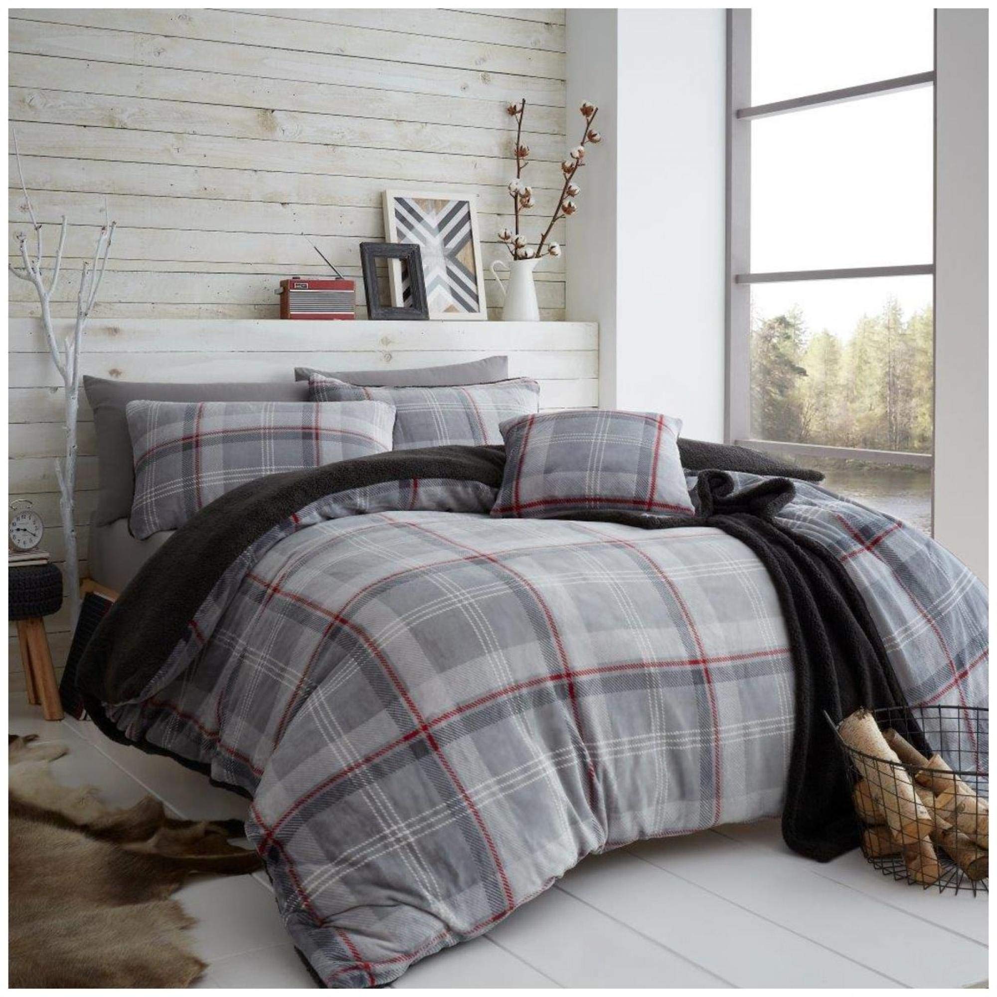 GC GAVENO CAVAILIA Teddy Fleece Check Duvet Set Double Bed, Soft & Fluffy Thermal Quilt Checked Bedding, Grey/Red