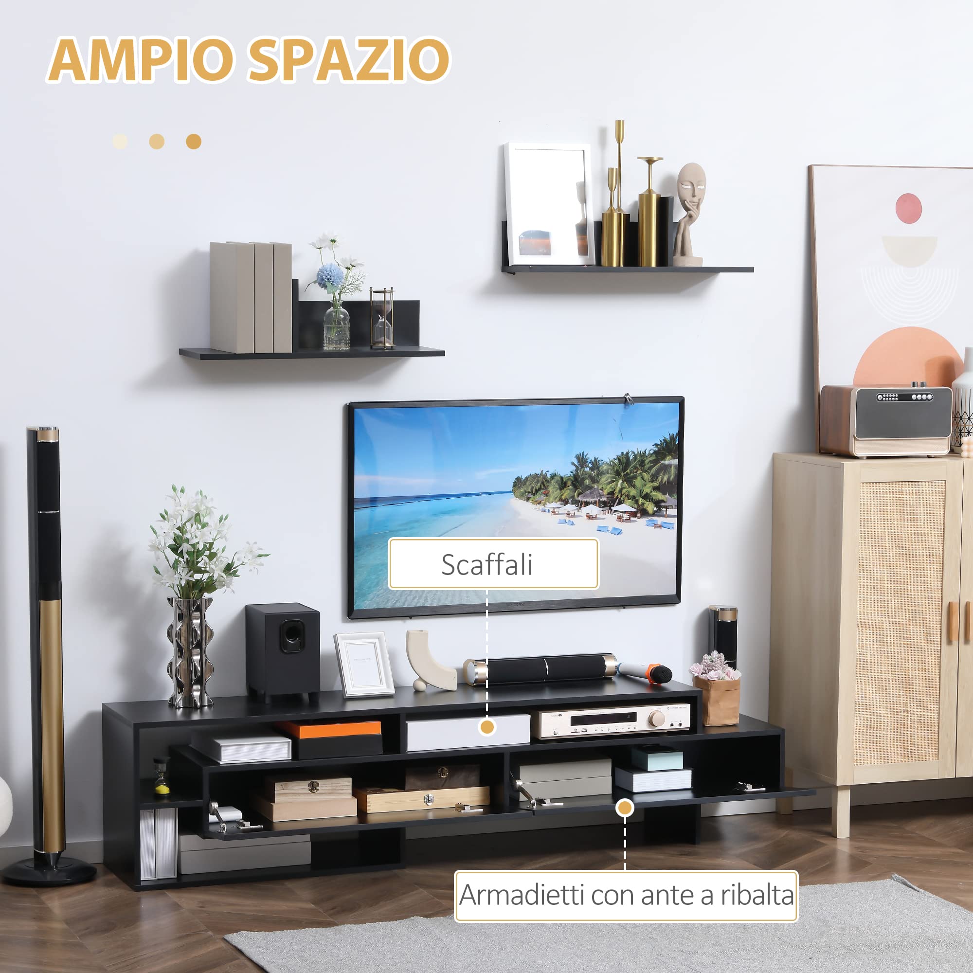 HOMCOM Mobile Porta TV Moderno con 2 Mensole in Legno, Mobiletto per Televisore con Vani Aperti e Armadietti, Nero
