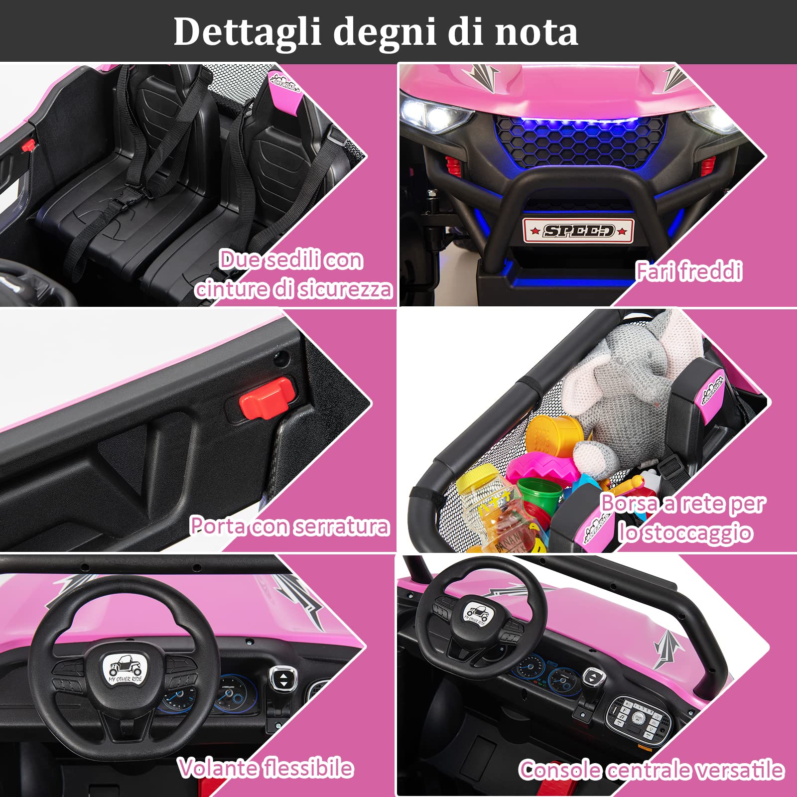 COSTWAY 12V Auto Elettrico per Bambini, Macchina Fuoristrada a 2 Posti, Macchina Elettrica con Luci Suoni, Regalo per Bambini 3-8 Anni, 118x74x71 cm (Rosa)
