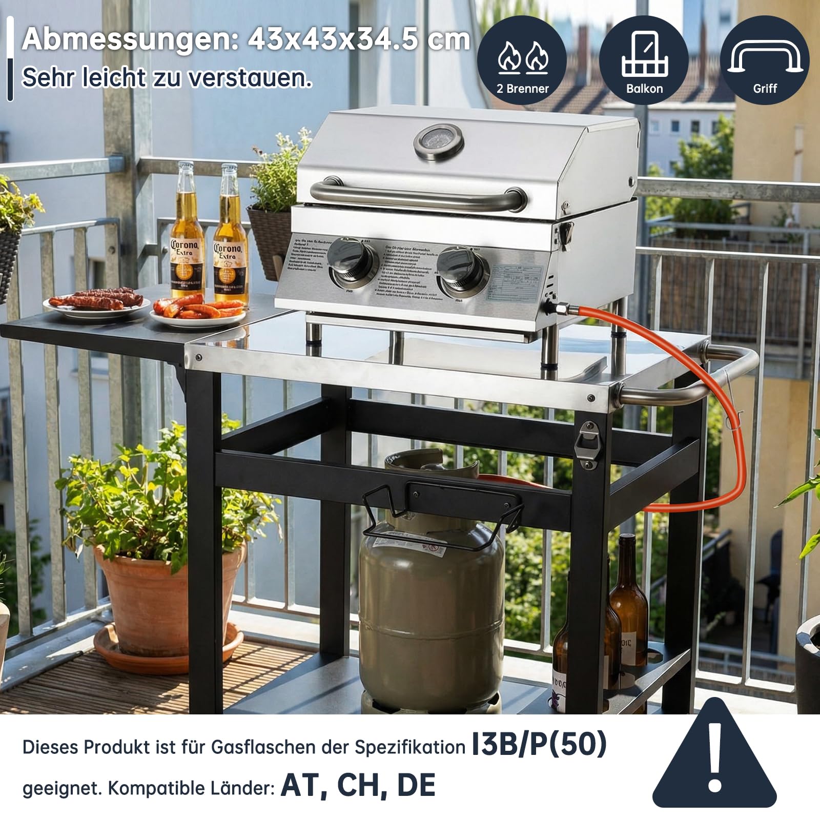 TLSUNNY Mały grill gazowy, 2 palniki, przenośny grill gazowy ze stali nierdzewnej, kompaktowy grill stołowy z rusztem do grillowania, termometrem, kempingowy grill stołowy do grilla, na balkon, do