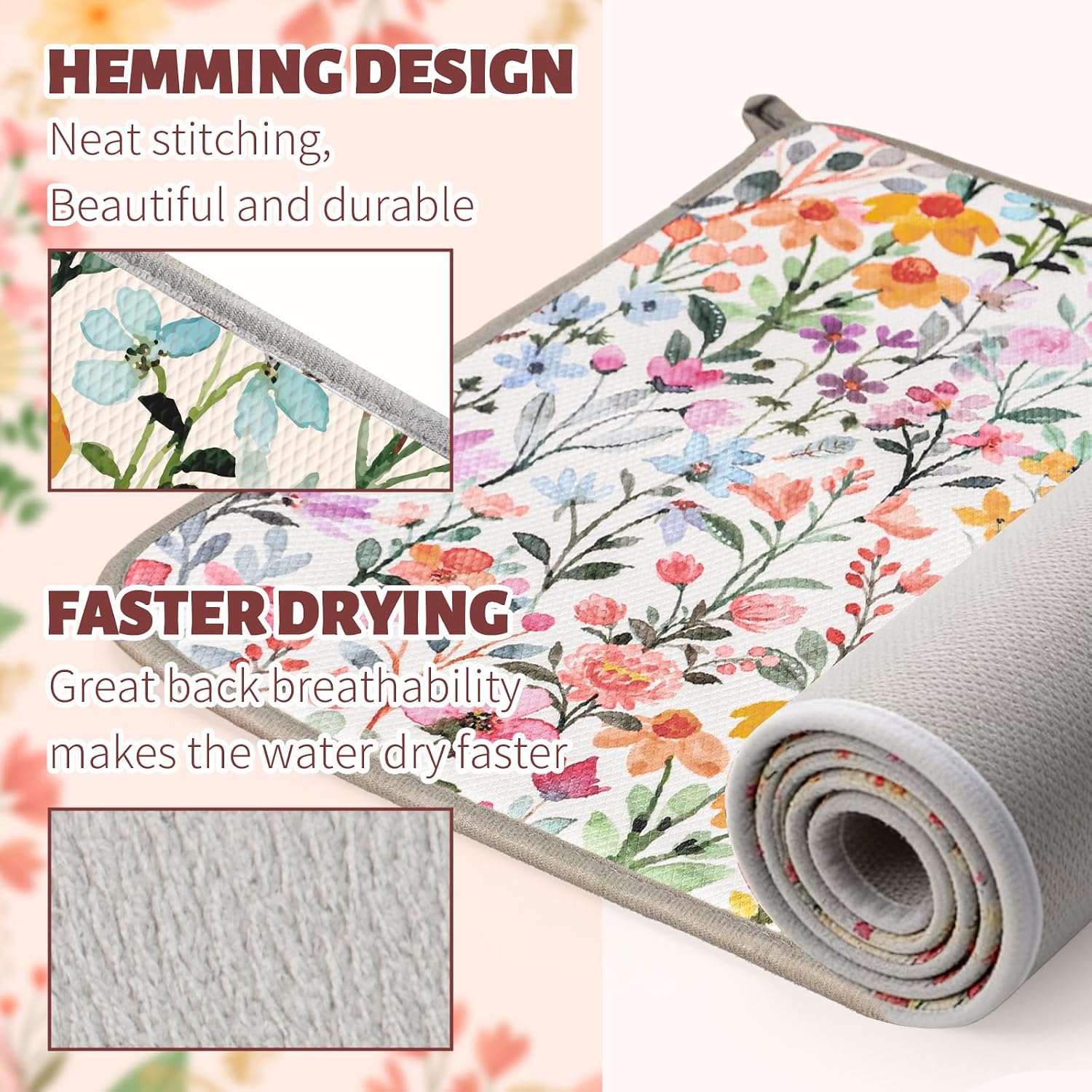 AnyDesign Flower Dish Drying Mat Watercolor Wildflower Floral Absorbent Dish Drainer Protector Pad for Spring Kitchen Countertop Tableware Decor, 18 x 24 Inch