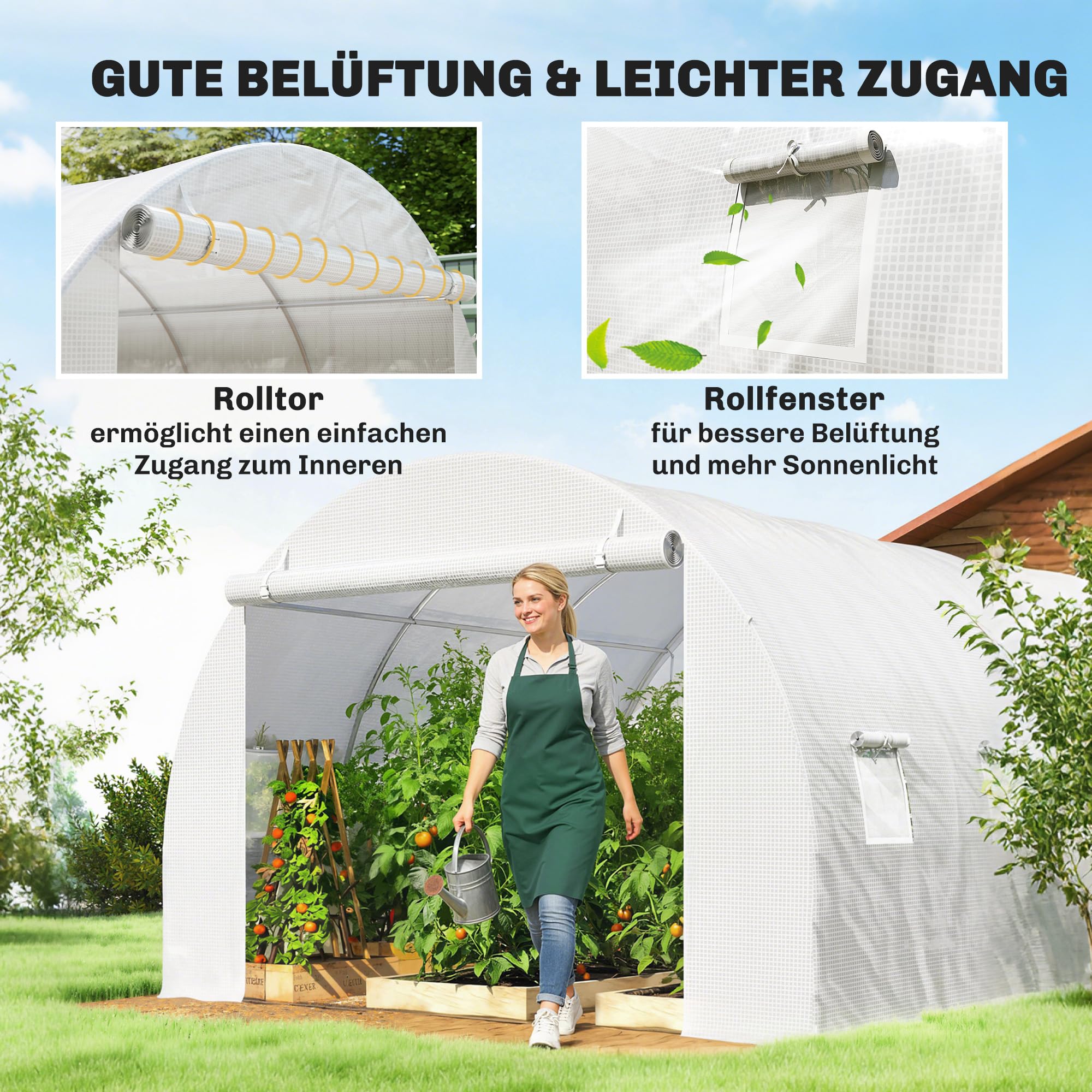 Outsunny Film de serre 3 x 3 m en polyéthylène imperméable avec porte enroulable, 6 fenêtres, protection UV, indéchirable, bâche de protection pour tunnel de jardinage, film tunnel pour extérieur